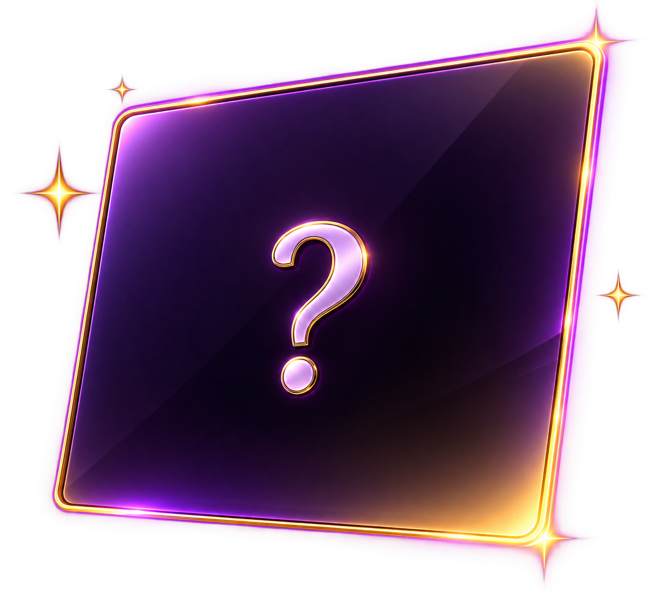 A dark purple square with rounded edges, surrounded by a glowing gold and pink outline, containing a large white question mark in the center and star-like sparkles at the corners.
