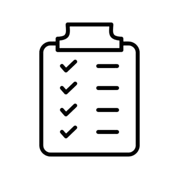 Outline of a clipboard with checkmarks and lines indicating tasks or items.