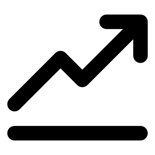 Line chart with an upward trend and a magnifying glass icon.