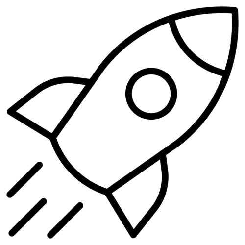 Icon of a rocket launching with smoke and flame beneath it.