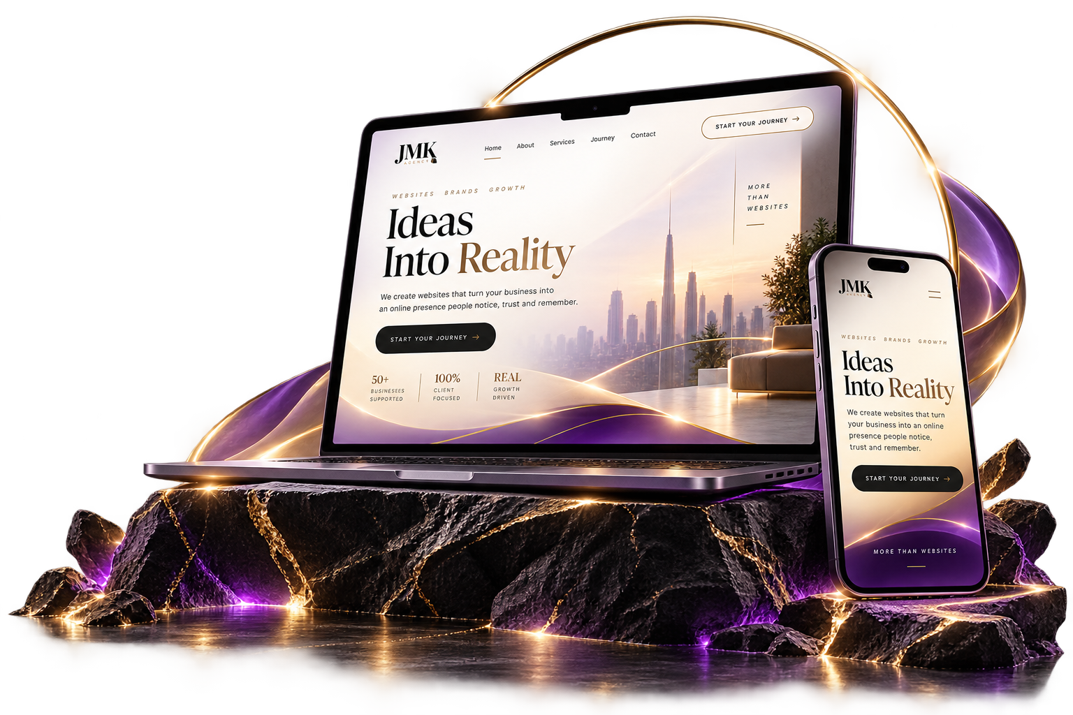 A laptop and smartphone displaying a website called JMK Agency with a city skyline in the background, glowing lights, and futuristic design elements.