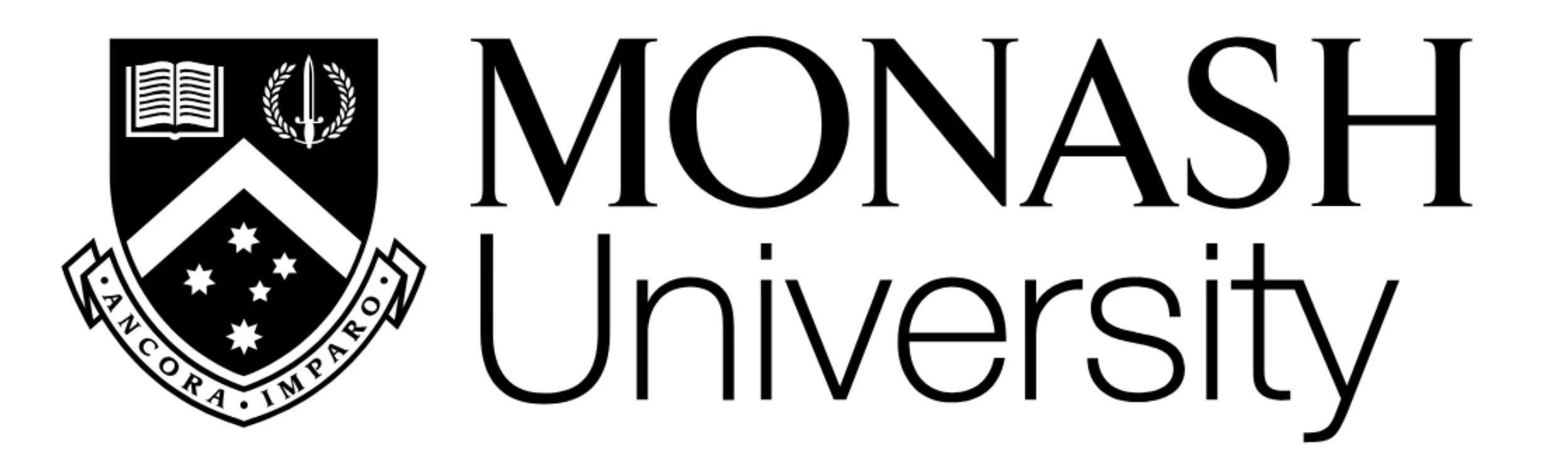 Monash University logo featuring a shield with open book, sword and laurel, with the words "Monash University" next to it.