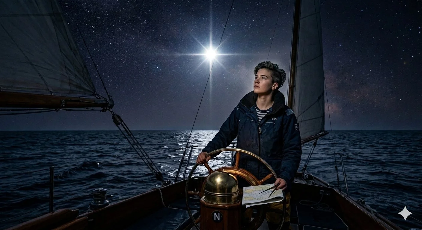 Young person at the helm of a sailboat beneath a starry sky, holding a map and compass.