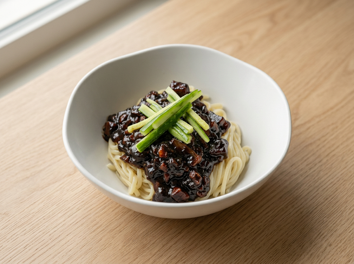 A bowl of noodles topped with a dark, rich sauce and garnished with sliced green onions.
