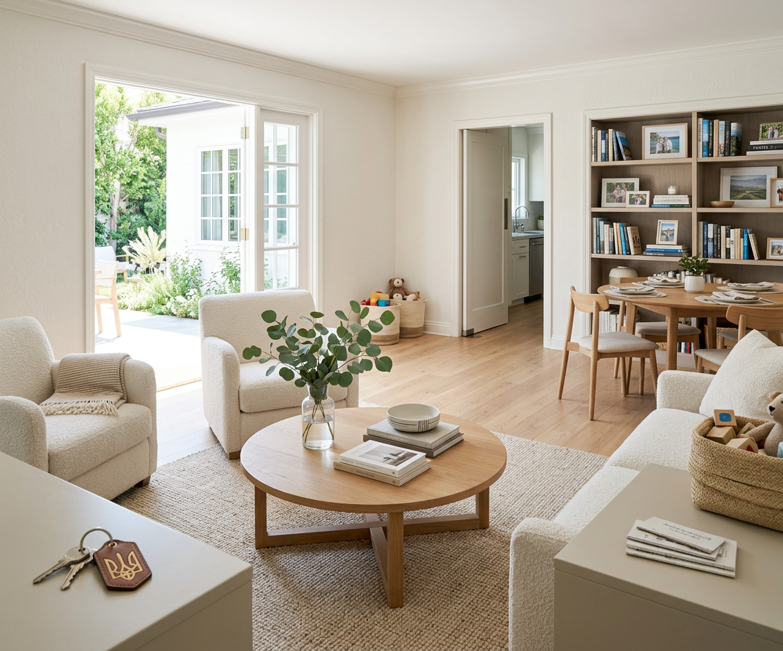 Bright living room with white sofas, a round wooden coffee table with books and a vase, a bookshelf with photo frames and books, and an open door leading to a patio with outdoor furniture and greenery.