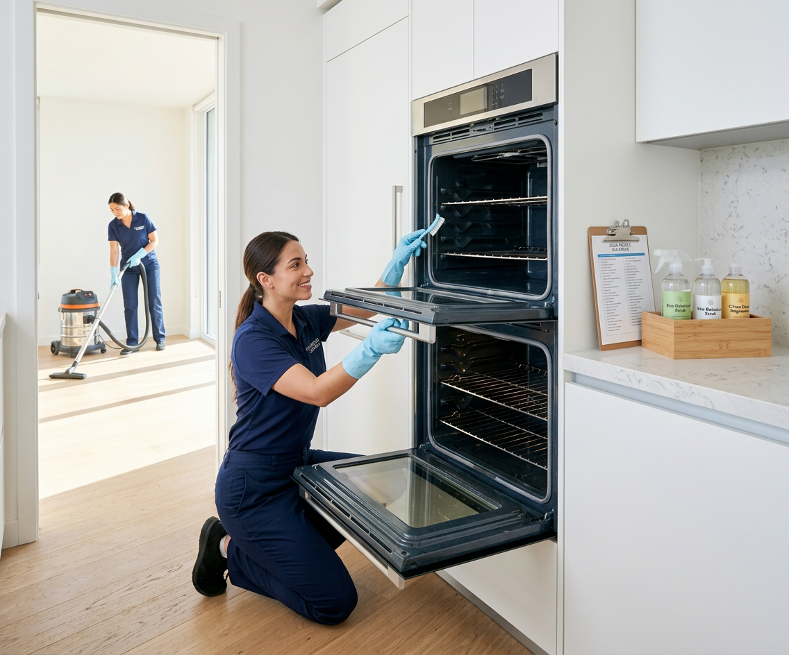 Two women in uniform cleaning inside and outside of a modern oven in a kitchen, with cleaning supplies visible on the counter.