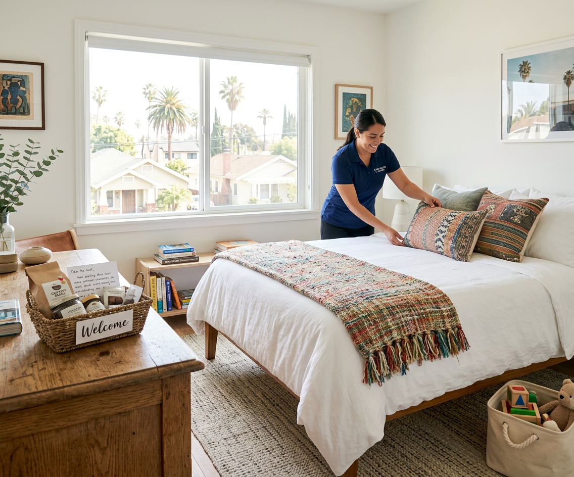 Woman making a bed in a bright, cozy bedroom with large window showing palm trees outside.