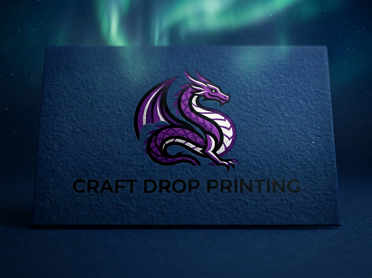 A business card with a purple dragon logo and the text "Craft Drop Printing" on a textured blue background, illuminated by northern lights in the night sky.