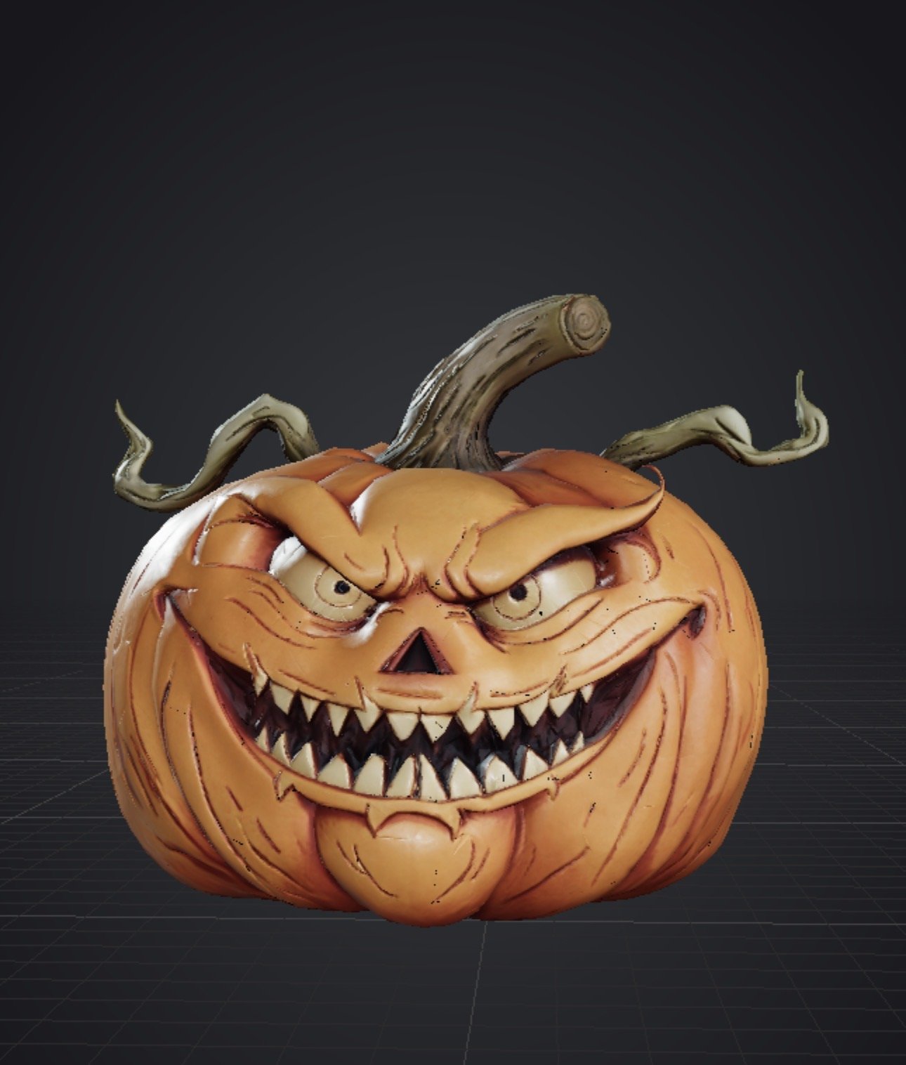 A carved Halloween pumpkin with an angry face and sharp teeth, set against a dark background.