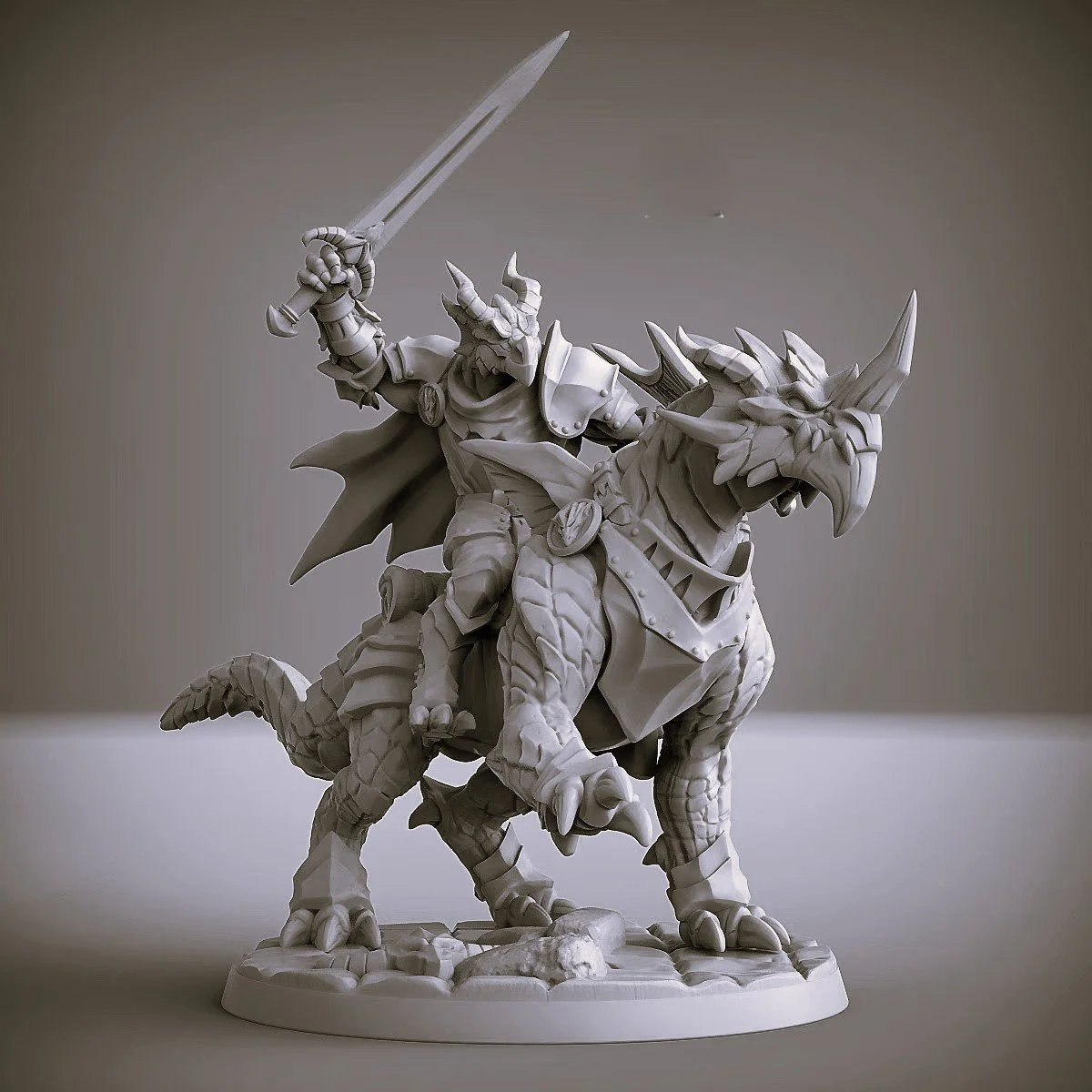 Unpainted miniature sculpture of a warrior riding a dragon-like creature, holding a sword aloft, with detailed armor, horns, and scales.