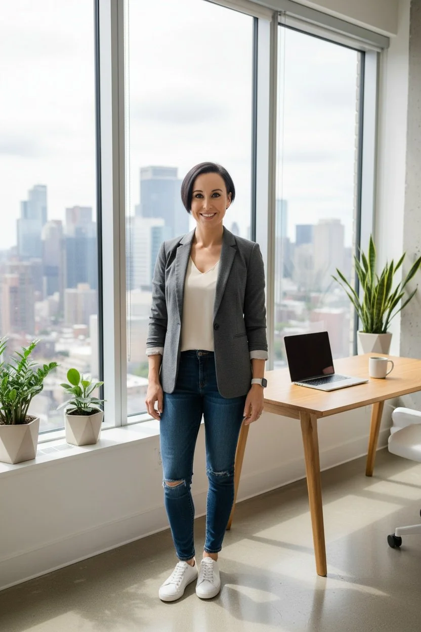 A woman standing in an office space with large windows overlooking a city skyline. She is dressed in a gray blazer, white top, ripped jeans, and white sneakers, and is smiling.