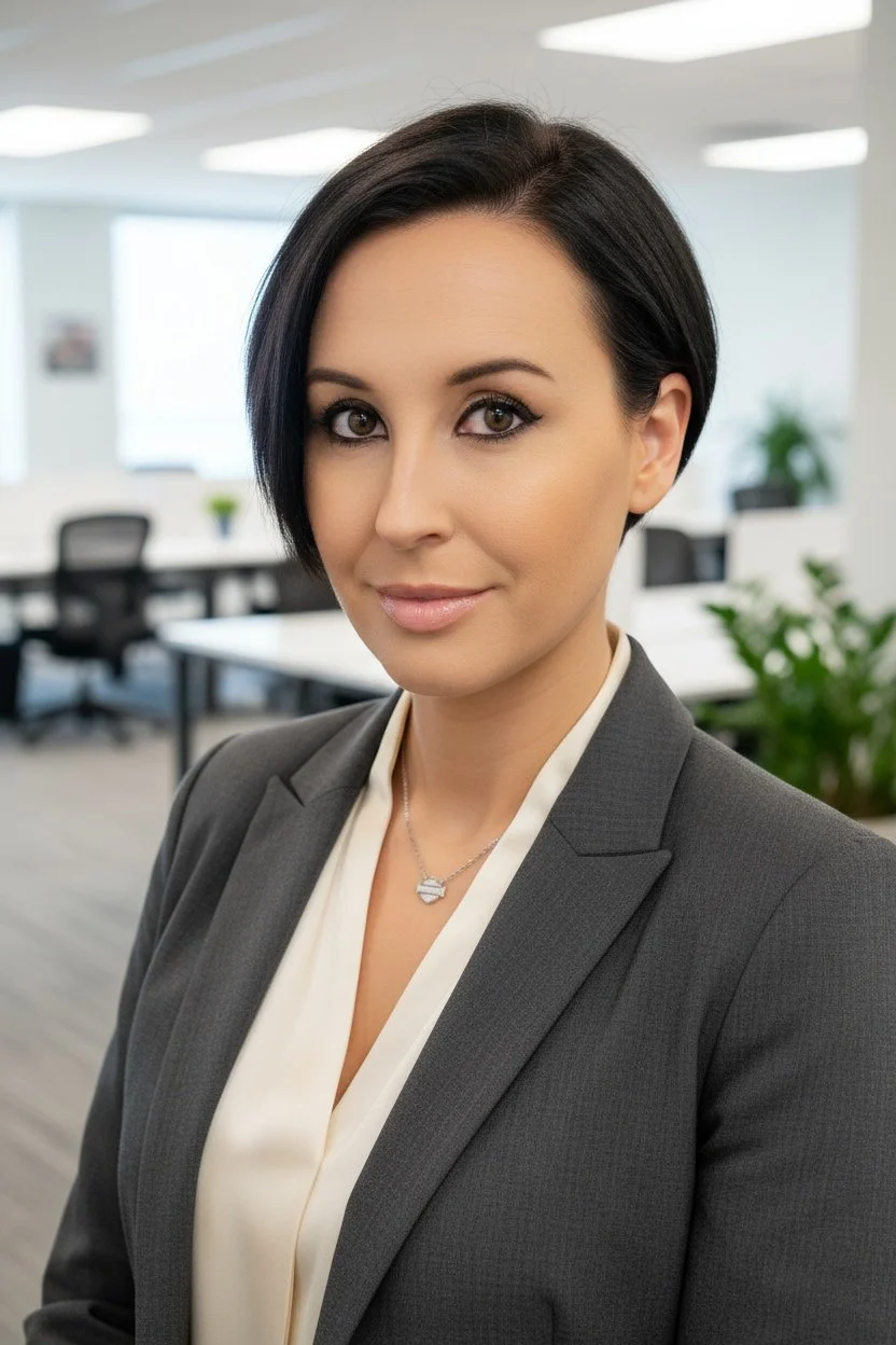 A professional woman with short black hair and a gray blazer standing in a modern office with conference tables and chairs in the background.