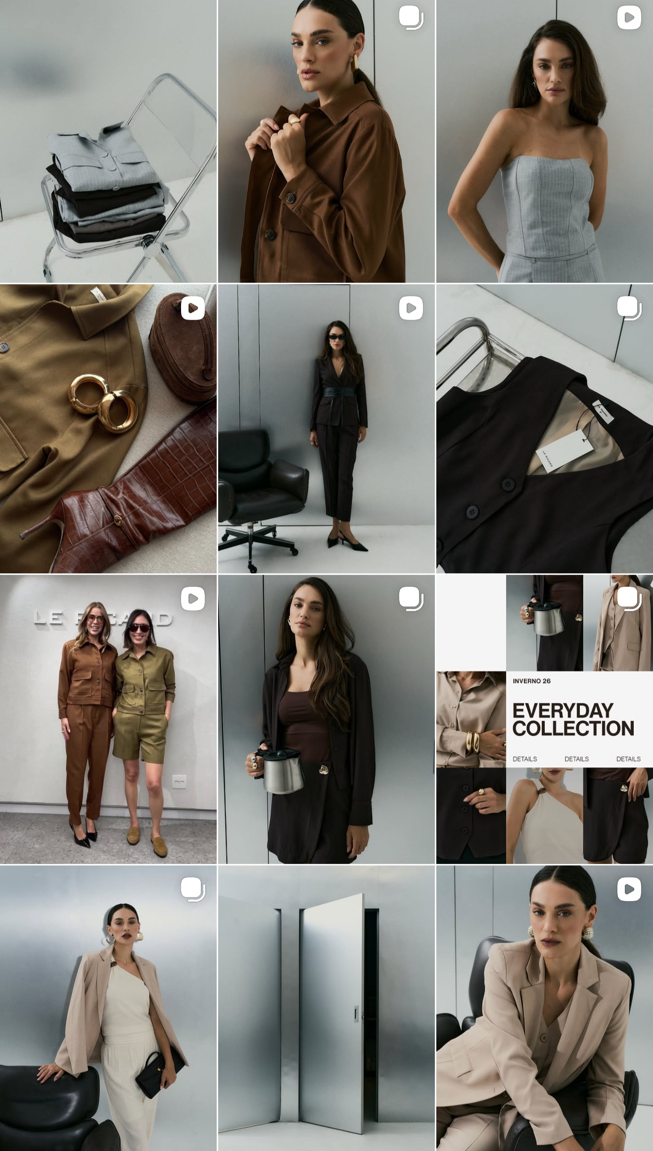 Coleção de moda feminina com roupas e acessórios em estilo minimalista em ambientes de escritório e loja de roupas.