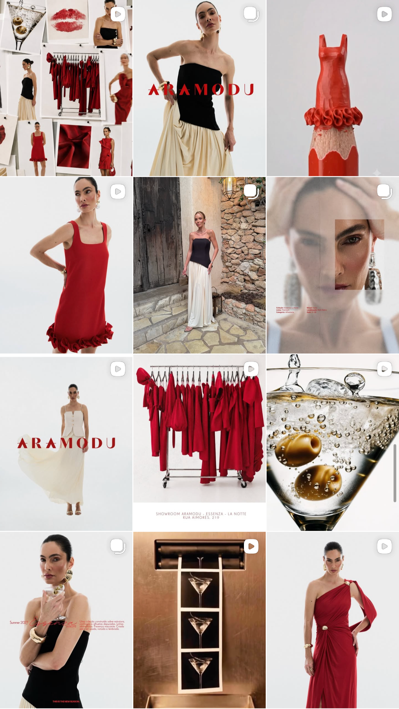 Coleção de roupas vermelhas e brancas, modelos usando vestidos e roupas de festa, exibição de roupas em cabide, close em vidro de bebida com gelo e azeitonas, e uma mulher de vestido vermelho.