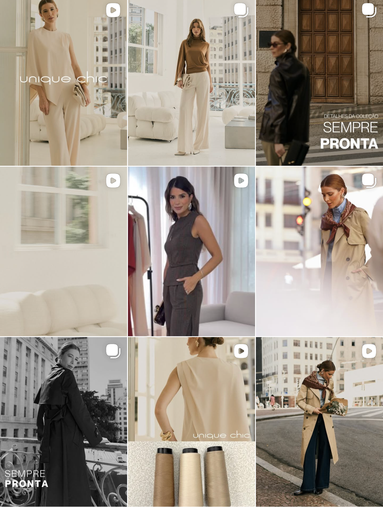 Coleção de moda com diferentes looks femininos, incluindo roupas casuais, formais e de rua, em ambientes internos e externos.