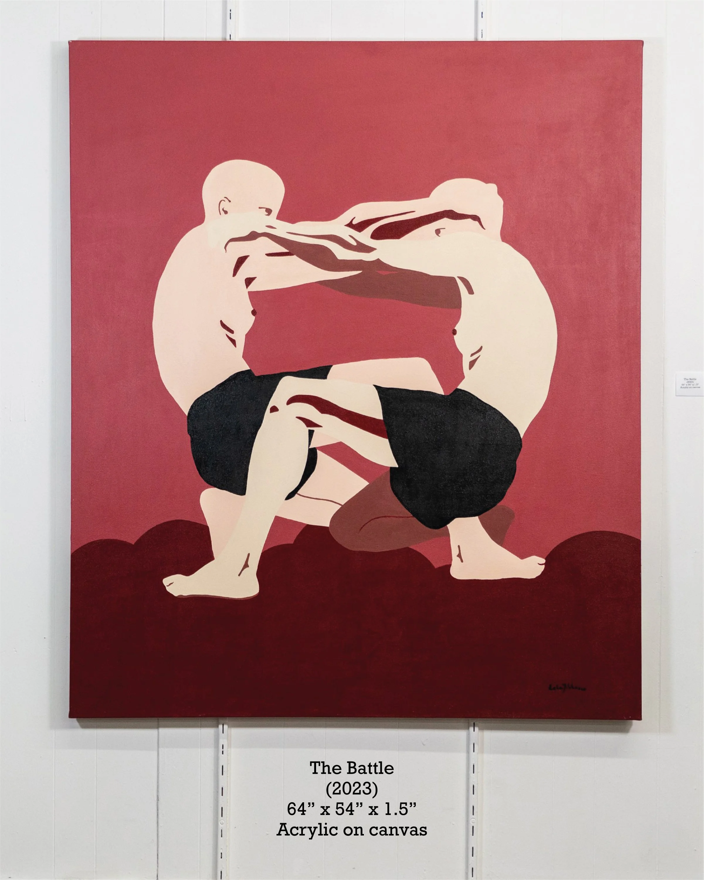 A painting titled "The Battle" (2023), depicting two human figures in an embrace, painted in a minimalist style with shades of peach, black, and dark red. The figures are outlined and shaded with solid blocks of color, against a red background. The p