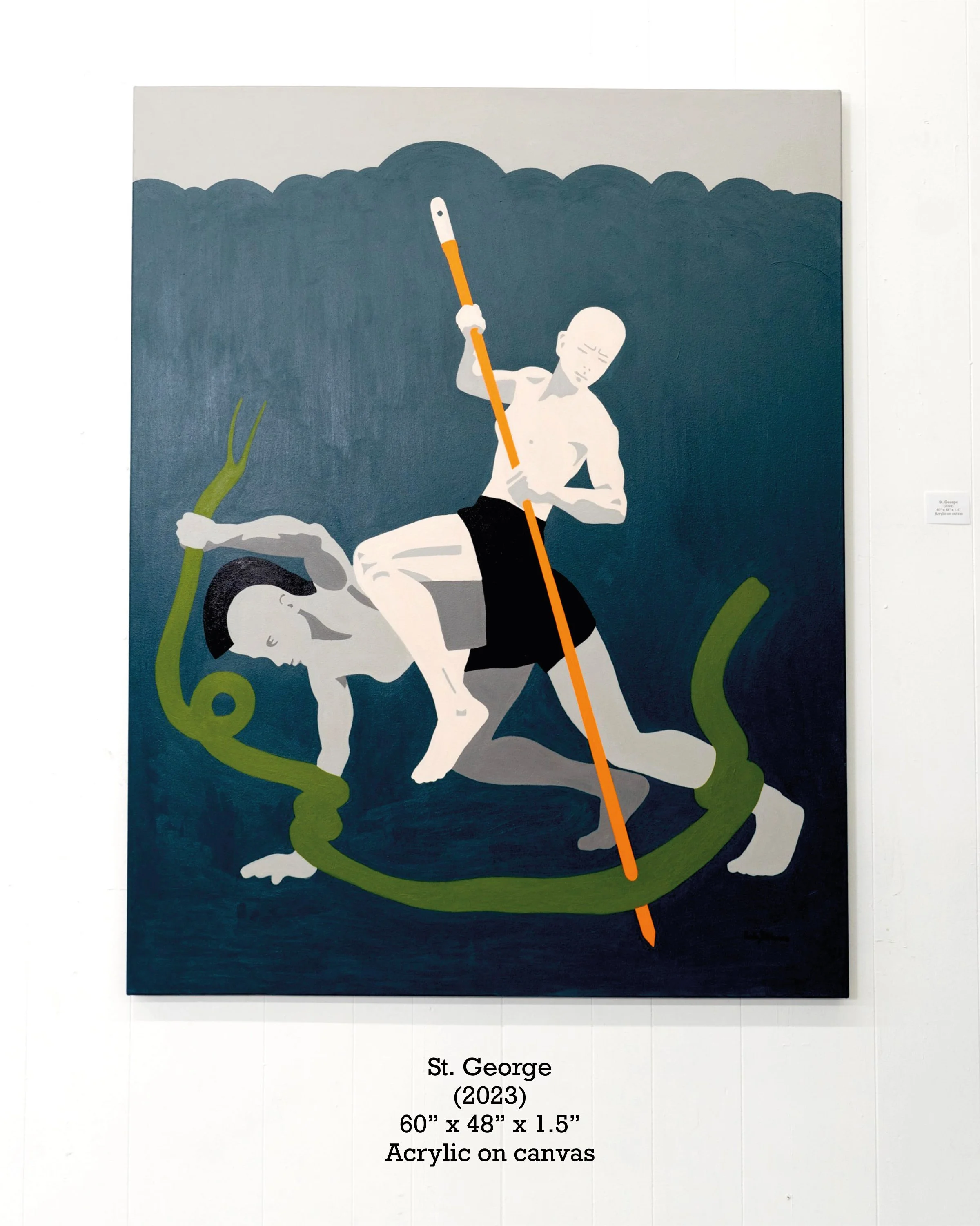 Painting titled "St. George" created in 2023, made with acrylic on canvas, measuring 60 inches by 48 inches by 1.5 inches. The artwork depicts a figure, possibly St. George, with a bald head and shirtless, holding a spear and riding a white horse. Th