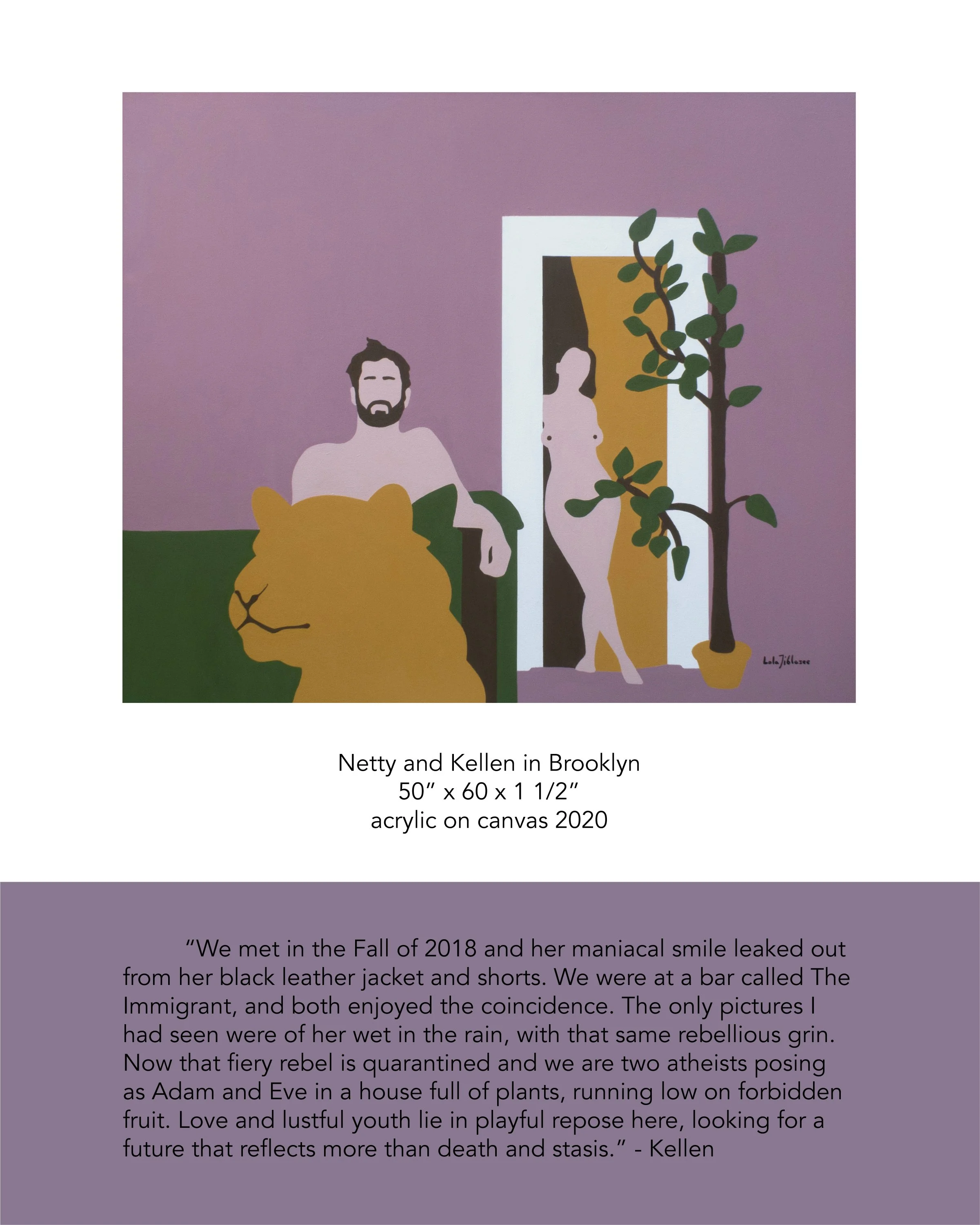A digital illustration of a man with a beard and a woman, both depicted with minimalistic features as line art within a color block background. The man is on the left, shown with his shirt off, and the woman is on the right, standing in front of an o