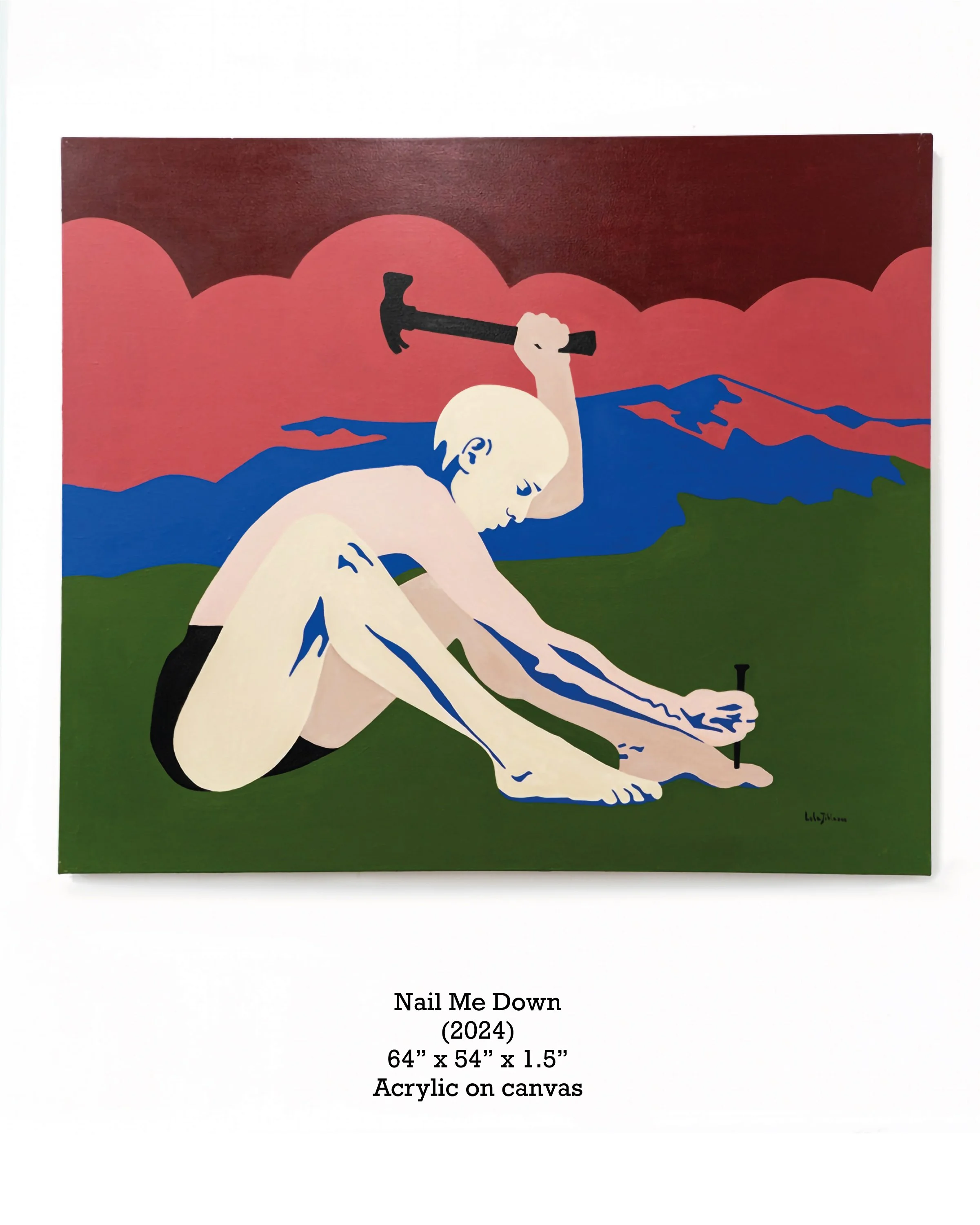 A colorful abstract painting titled 'Nail Me Down' depicts a white person kneeling with their head bowed and a hammer in their hand, with a background featuring mountains, clouds, and a pink sky, painted in a minimalist style on canvas.