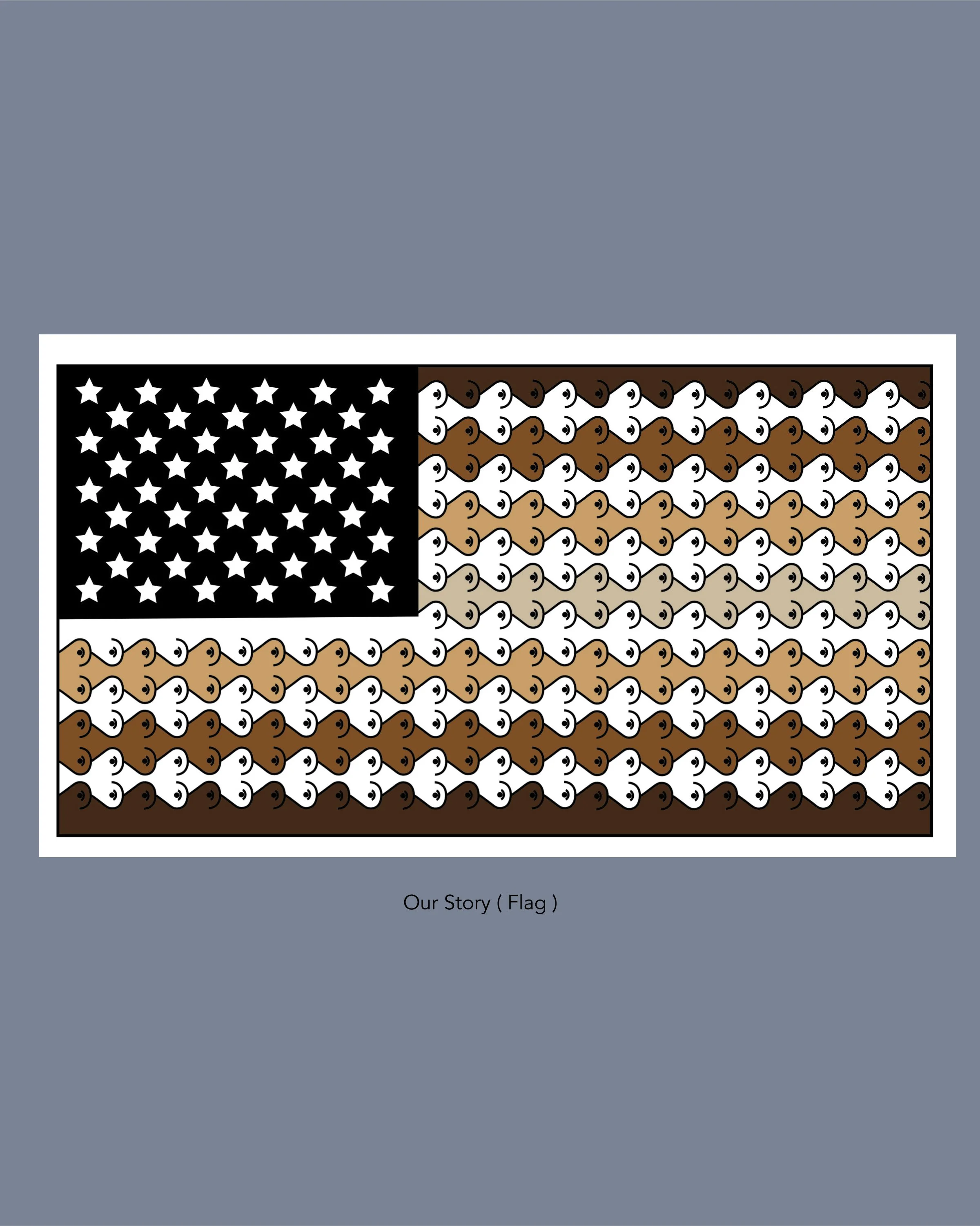 A stylized American flag composed of rows of cartoonish smiling faces with various shades of brown, beige, and white, representing different skin tones, on a black background, with white stars on the top left corner, set against a gray background wit