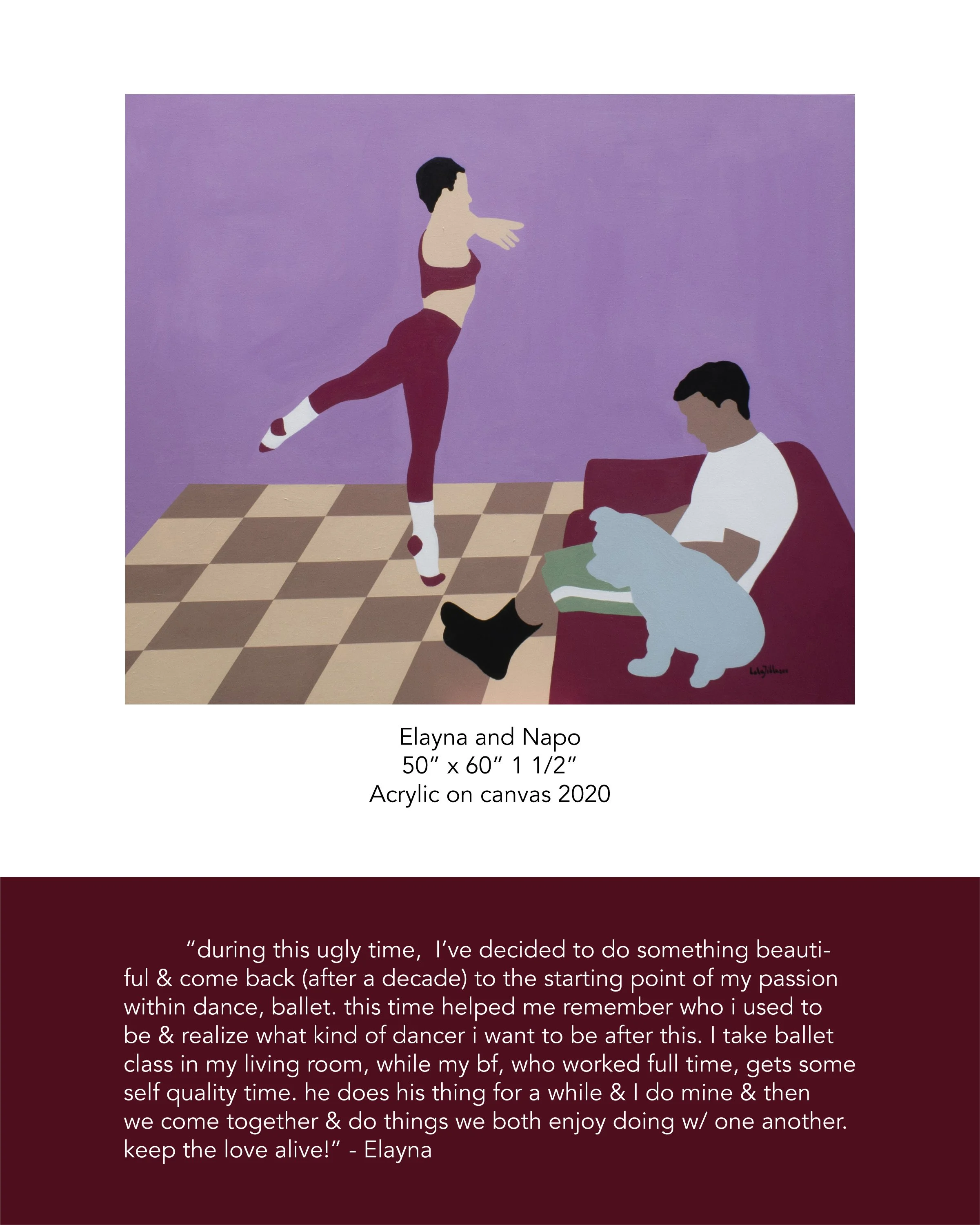 A painting of a woman in ballet attire practicing in a room with a purple wall and checkered floor, while a man sits on a chair reading a book.