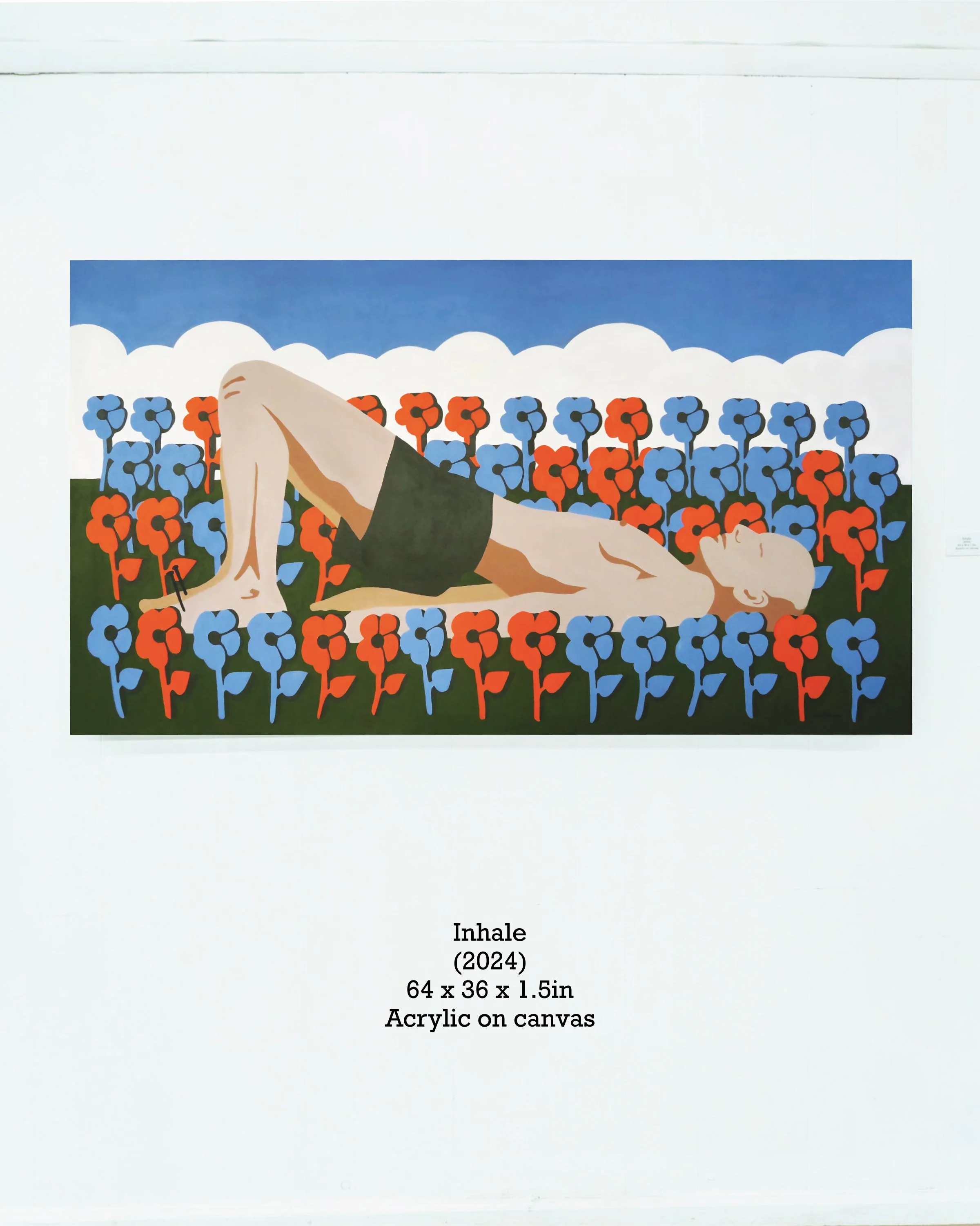A colorful abstract print titled 'Inhale' by an unknown artist, created in 2024. It features a reclining human figure against a vibrant background of stylized blue and orange flowers, with a blue sky and white clouds.