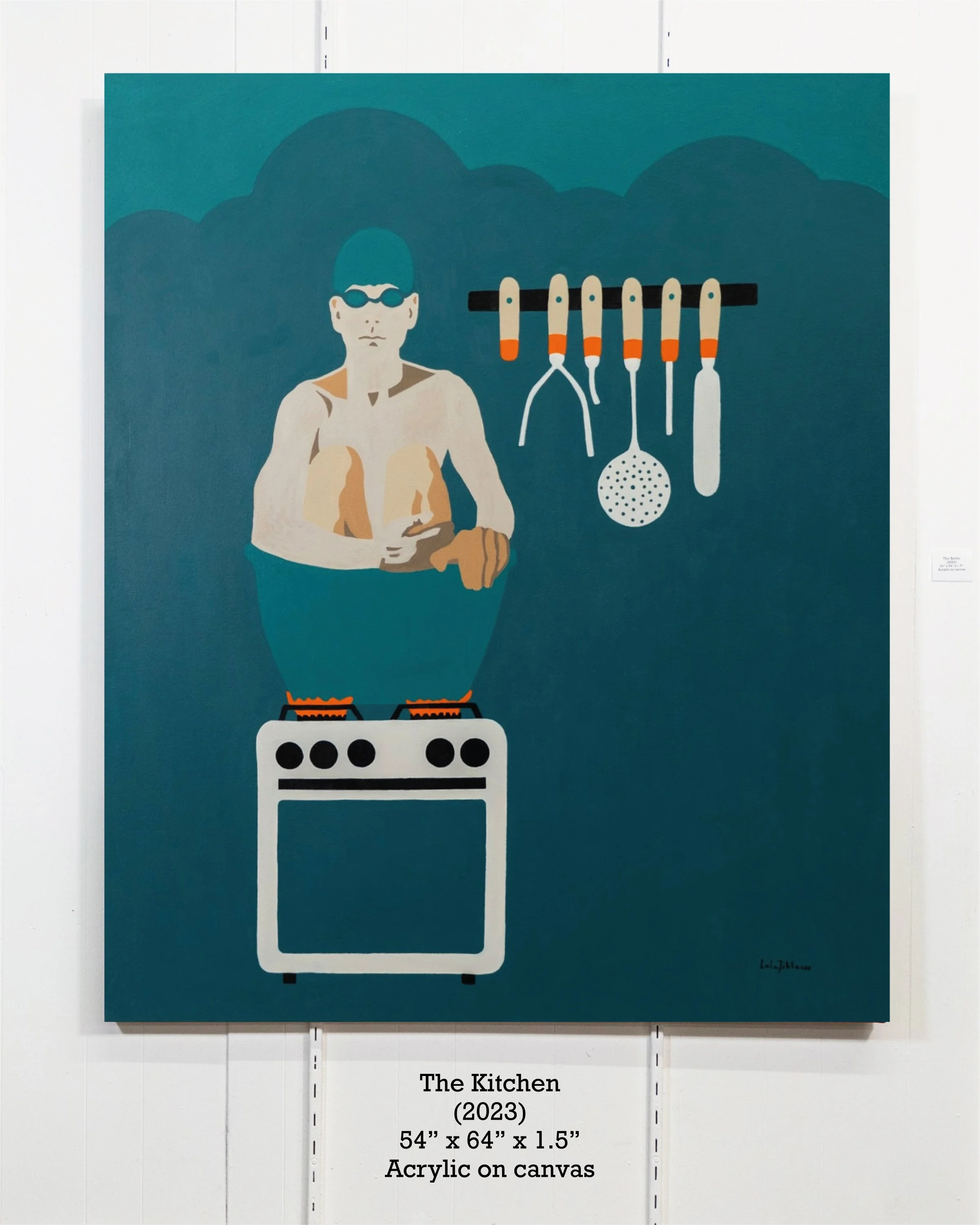 A stylized painting of a swimmer standing in front of a stove with a large blue background and clouds. The swimmer is wearing goggles and an orange and white swimsuit, with their arms crossed. The stove is white with four black burners, and there are