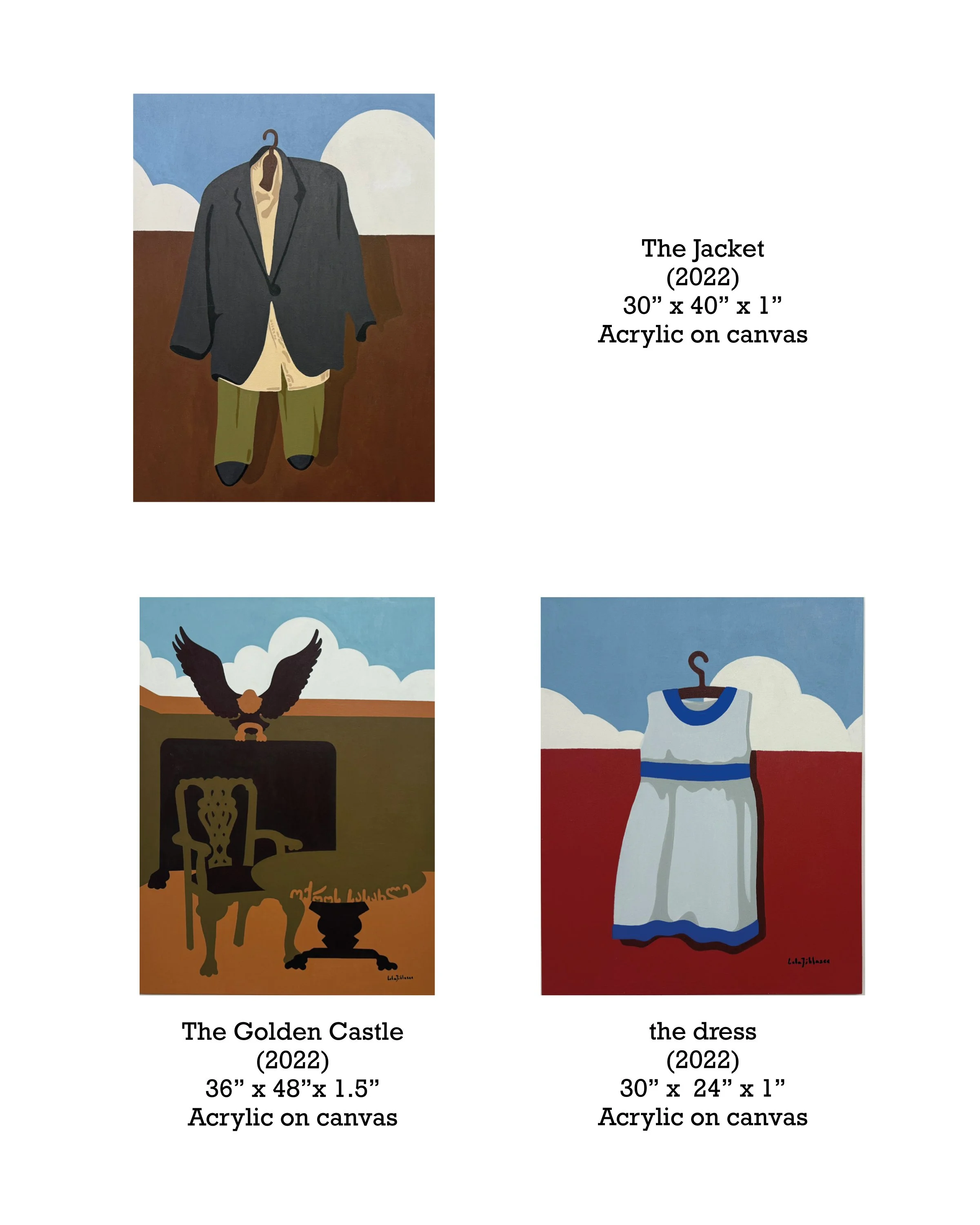 A painting titled "The Jacket" from 2022, depicting a large black jacket hanging on a hanger against a background of a blue sky with clouds and a brown ground.