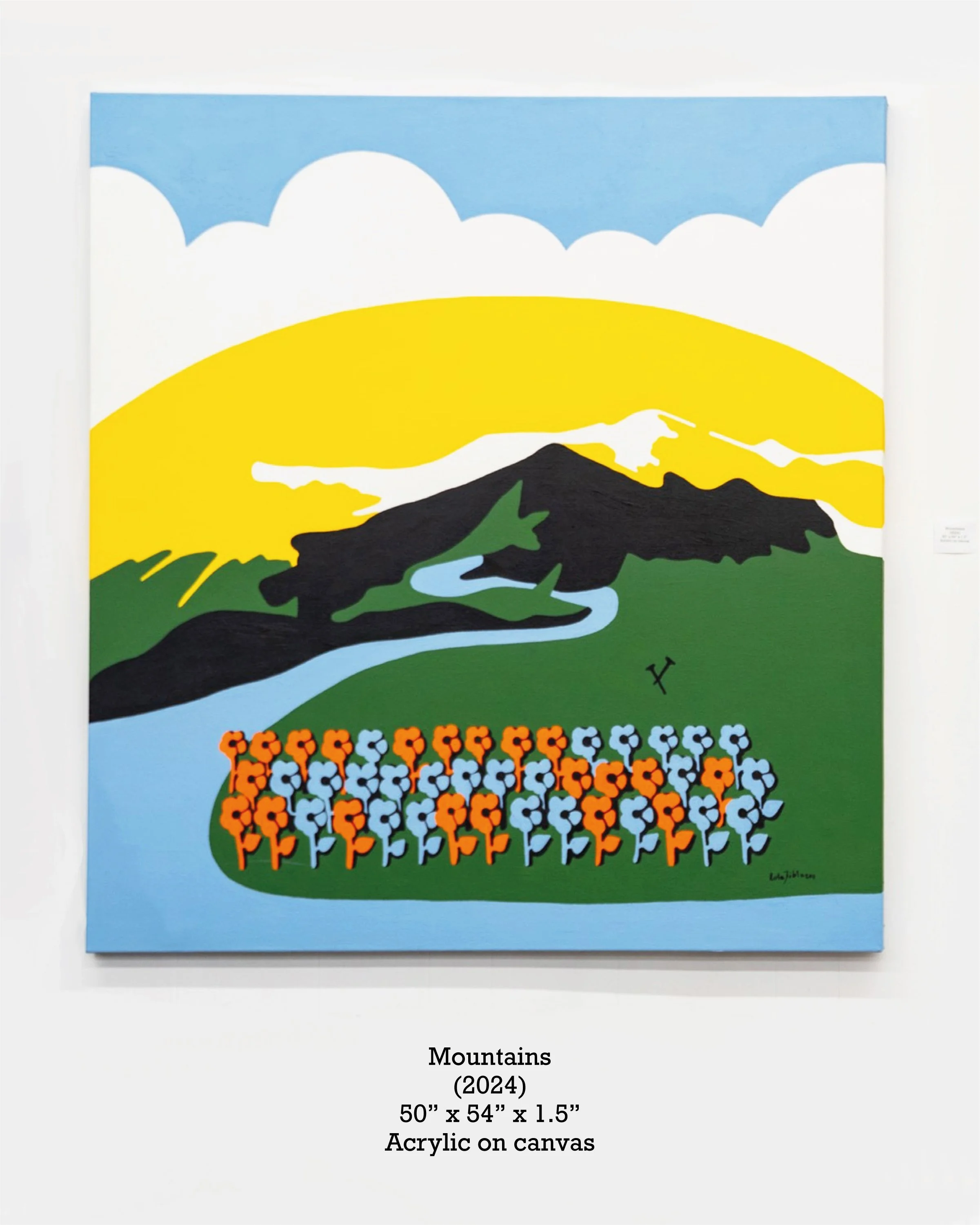 A colorful painting titled "Mountains" from 2024, created with acrylic on canvas, measuring 50 by 54 by 1.5 inches. The artwork features a stylized landscape with a blue sky, white clouds, yellow hills, black mountains, a river, and a field of orange