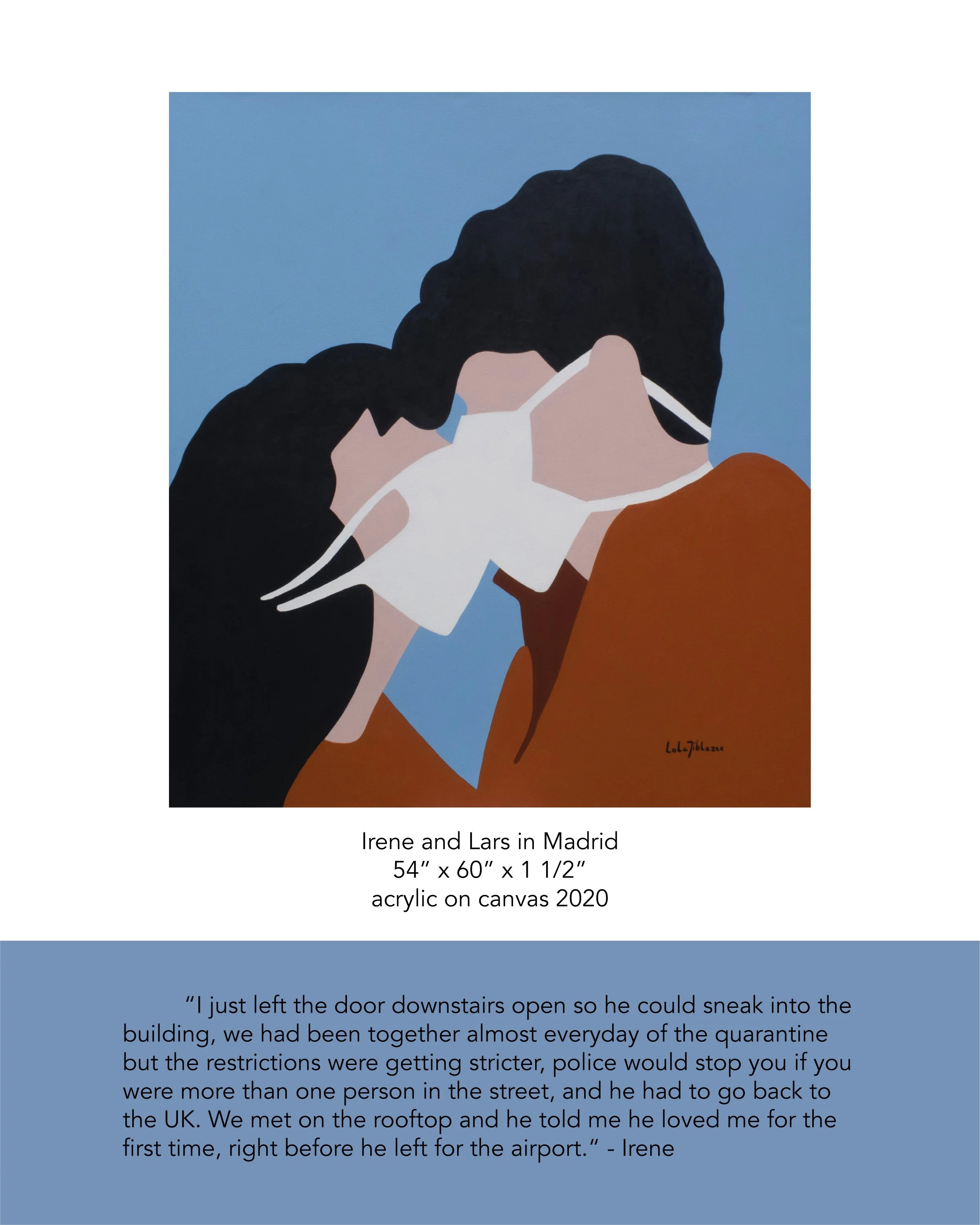 An abstract painting of two women, Irene and Lars, sharing a kiss with faces close together, set against a blue background. The painting emphasizes their facial features and intimacy through simplified, flat colors and minimal details.