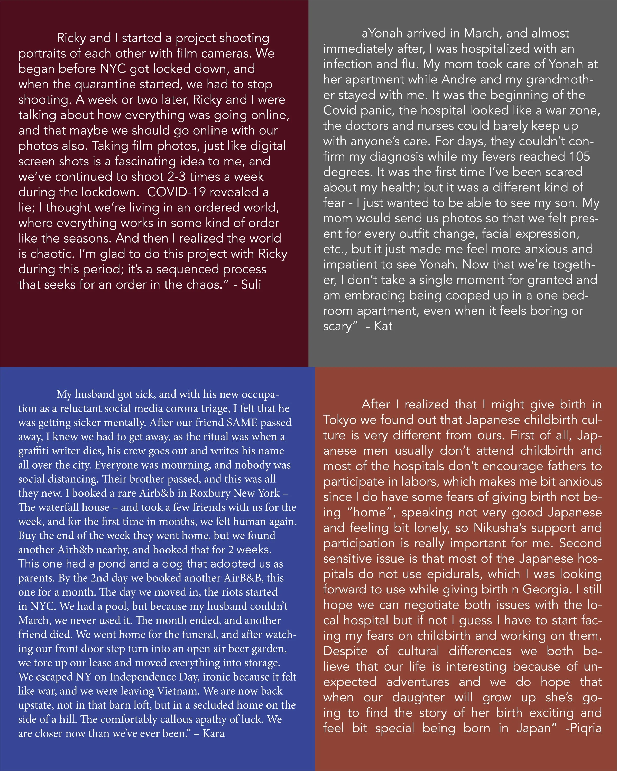 A colorful collage of text blocks in different colors (maroon, gray, blue, and brown) with each block containing personal stories and reflections about the COVID-19 pandemic, quarantine experiences, and cultural differences.