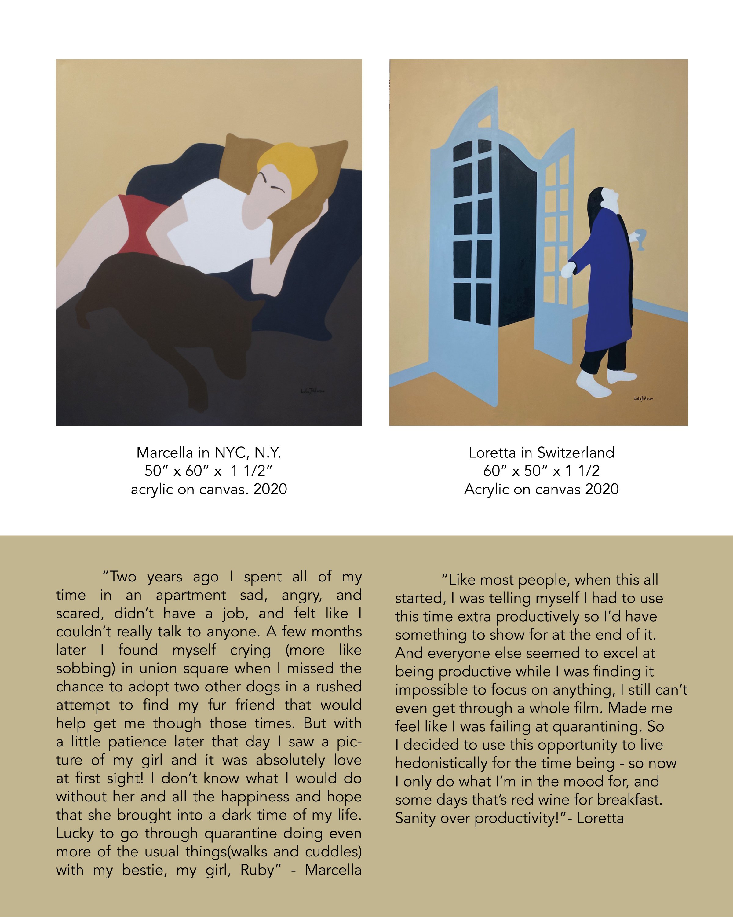 Two abstract paintings depicting women, one lying on a bed with blonde hair, and the other standing by an open blue door with dark hair, holding a glass of wine, both with minimalistic features.