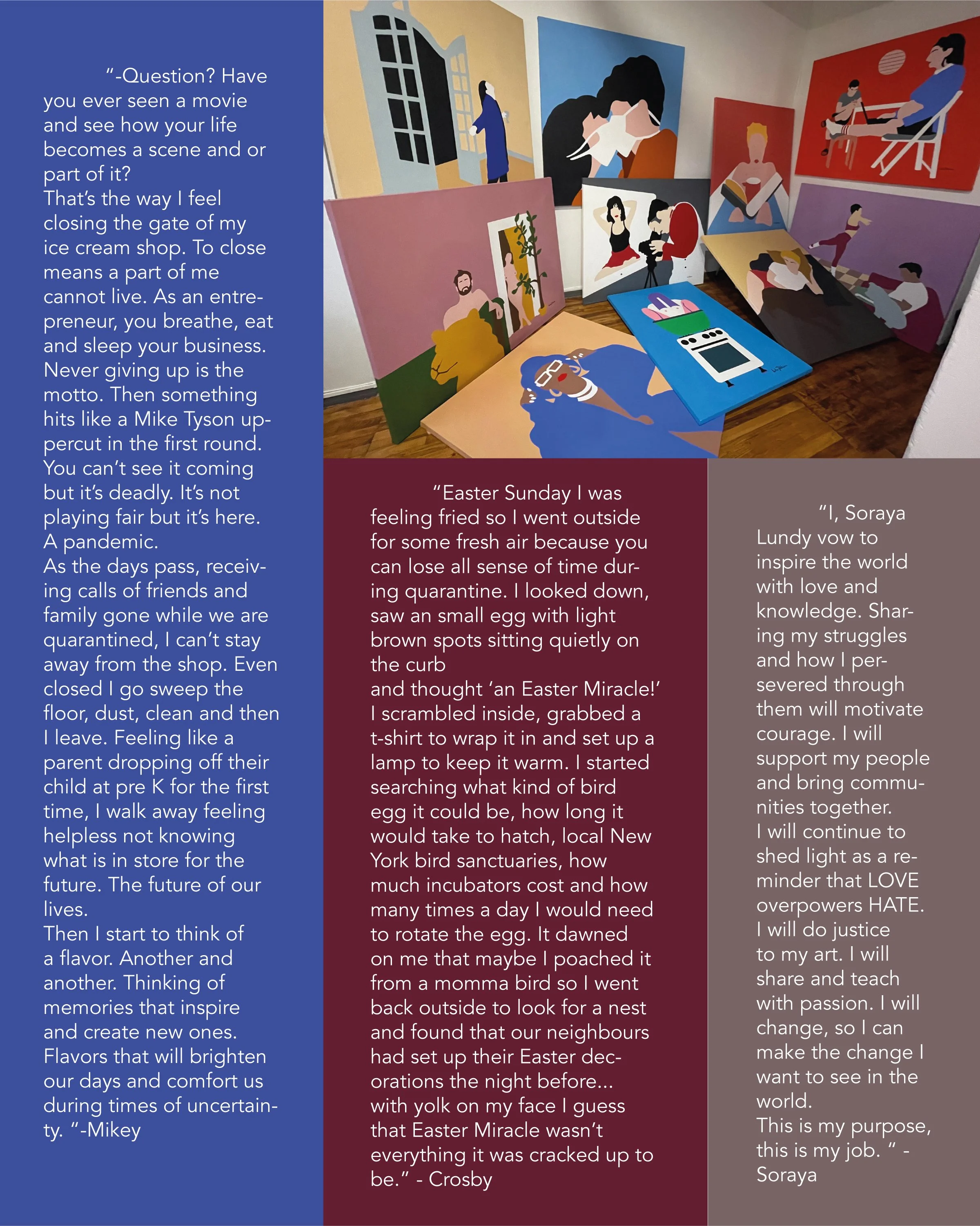 A colorful display of paintings and artwork on the walls and on the floor, featuring various styles and subjects, some with people and others with abstract designs.