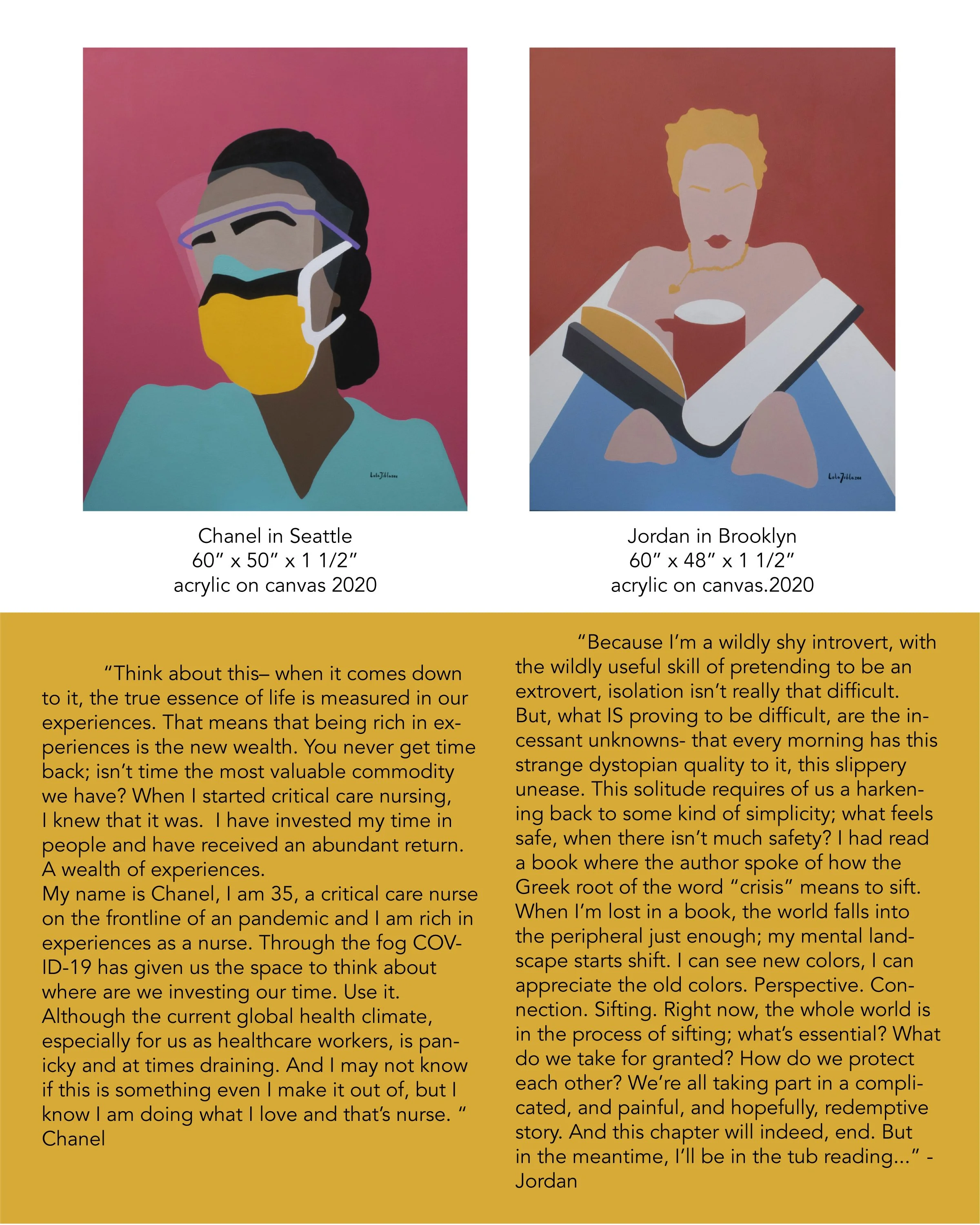 Two colorful abstract paintings of women on canvas, titled 'Chanel in Seattle' and 'Jordan in Brooklyn', depicted with minimalistic features and bold colors, created in 2020.