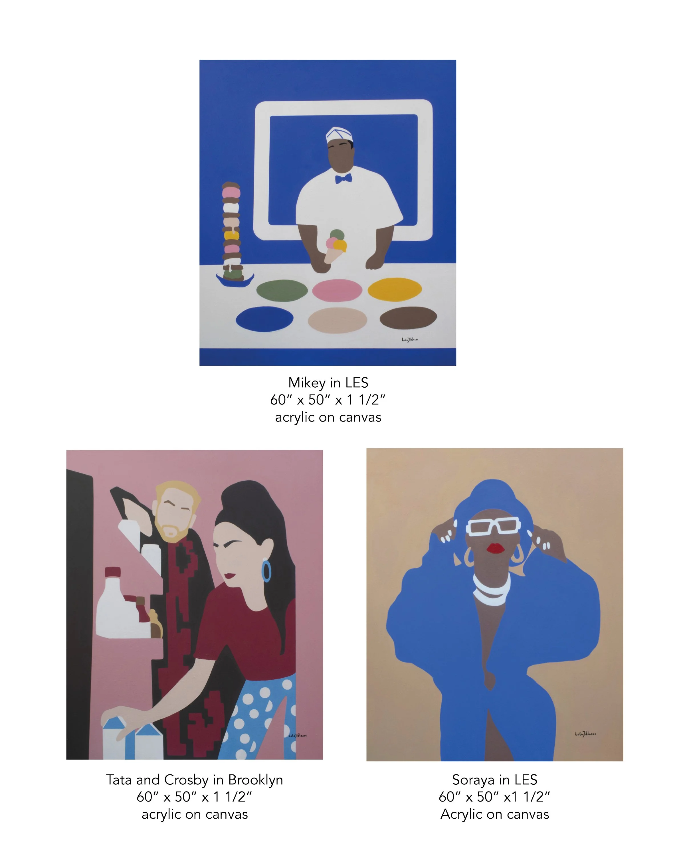 Two digital illustrations of women in Brooklyn and LES neighborhoods. The first depicts a woman with blonde hair in a bun, wearing a red and black dress and polka dot skirt, with a finger raised. The second shows a woman with blue hair and glasses, a