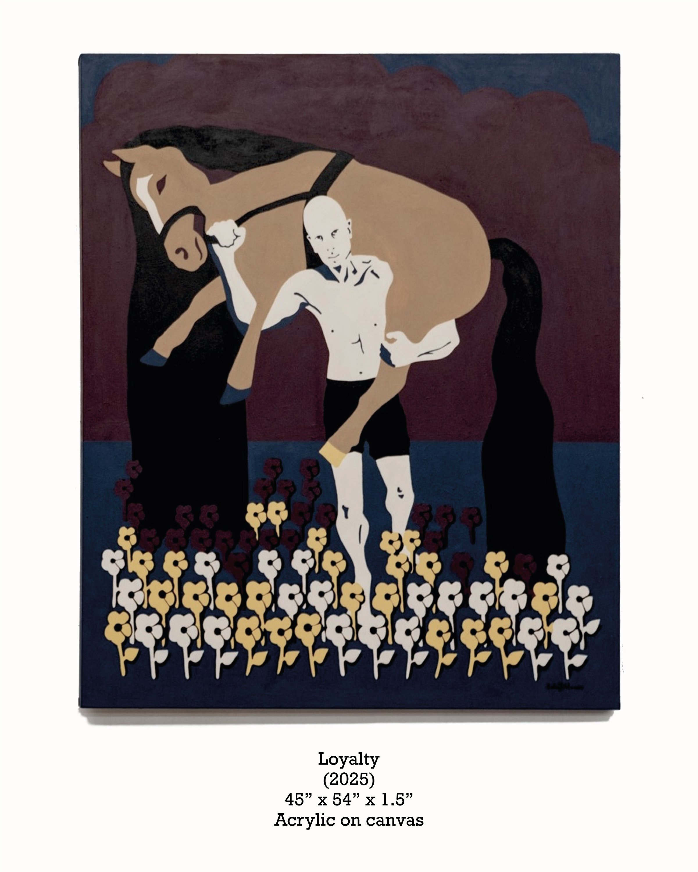 A painting titled "Loyalty" (2025) that measures 45 inches by 54 inches by 1.5 inches, created with acrylic on canvas. It depicts a stylized horse with a flowing tail and a young, bald child with a serene expression, standing in a field of abstract f