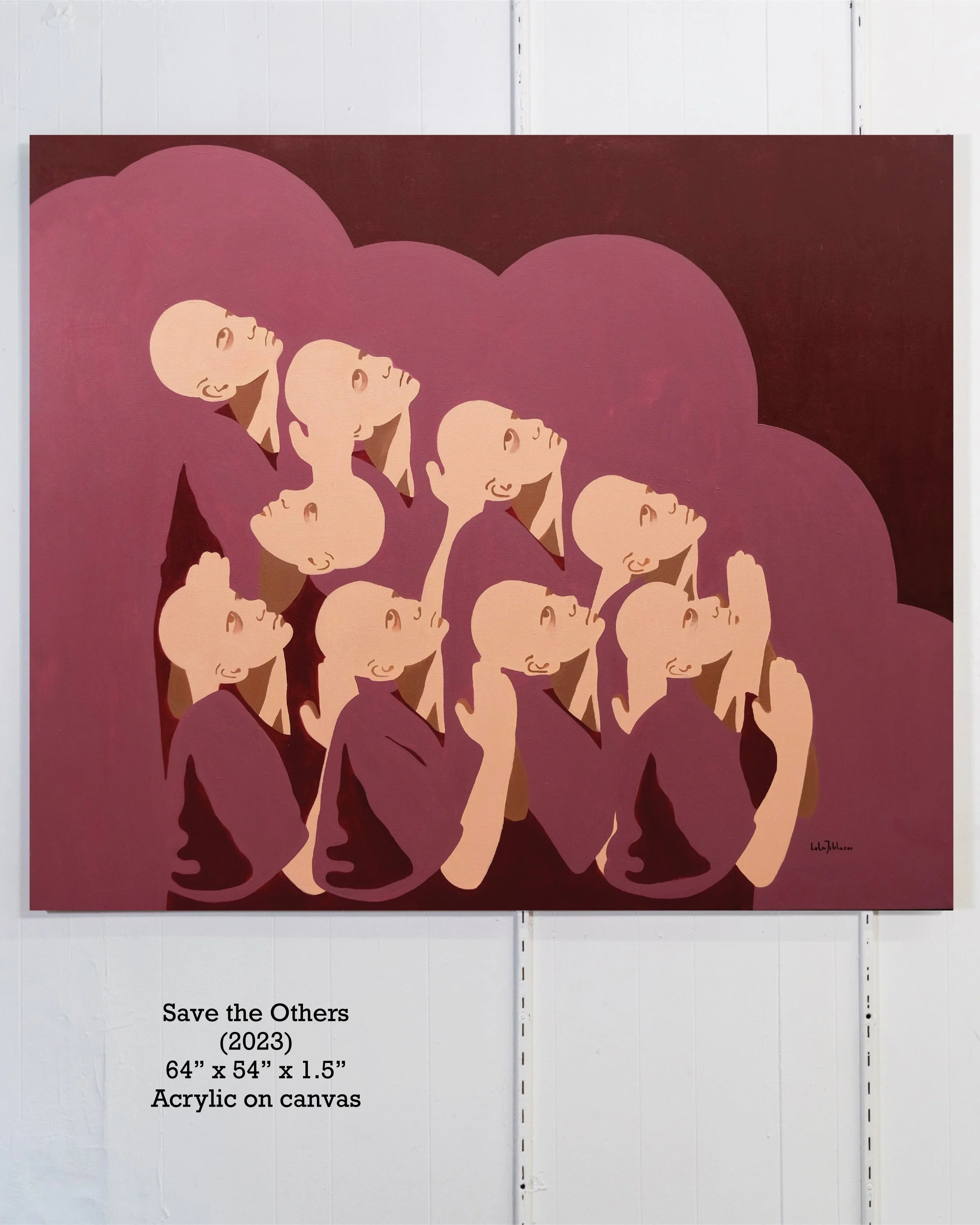 Painting featuring multiple stylized human faces with bald heads and closed eyes, shaded in pink and purple tones, set against a dark background. The artwork is titled "Save the Others" and measures 64 inches by 54 inches by 1.5 inches. It is acrylic