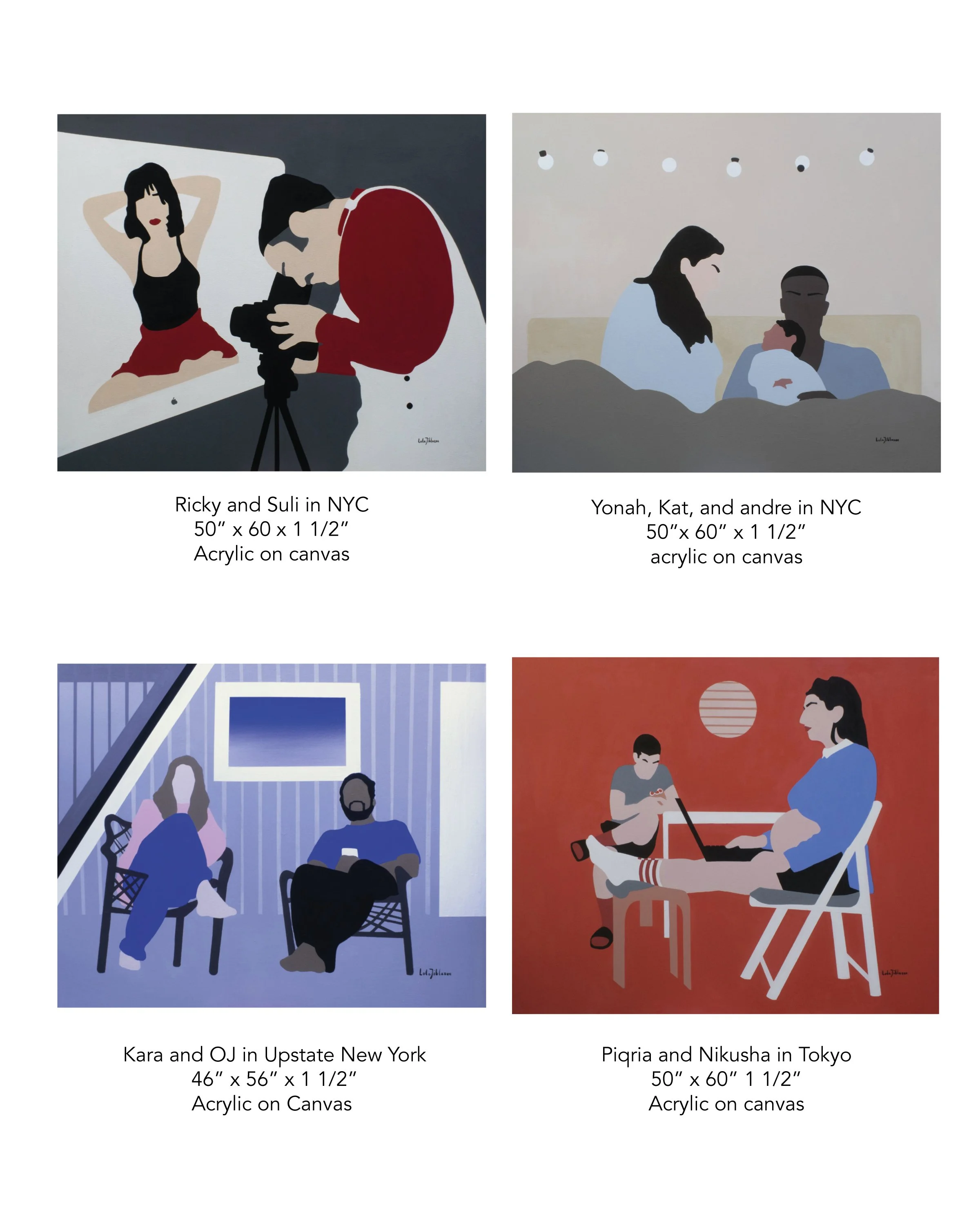 Four artistic illustrations of people in different settings, including a woman and man with a camera in New York City, a family in Tokyo, and a group sitting outdoors, each with distinct color schemes and backgrounds.