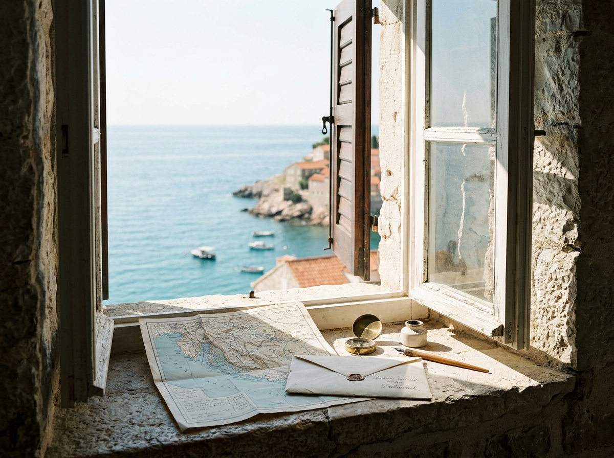 Adriatic coastal view through a stone window with a map and sealed letter.