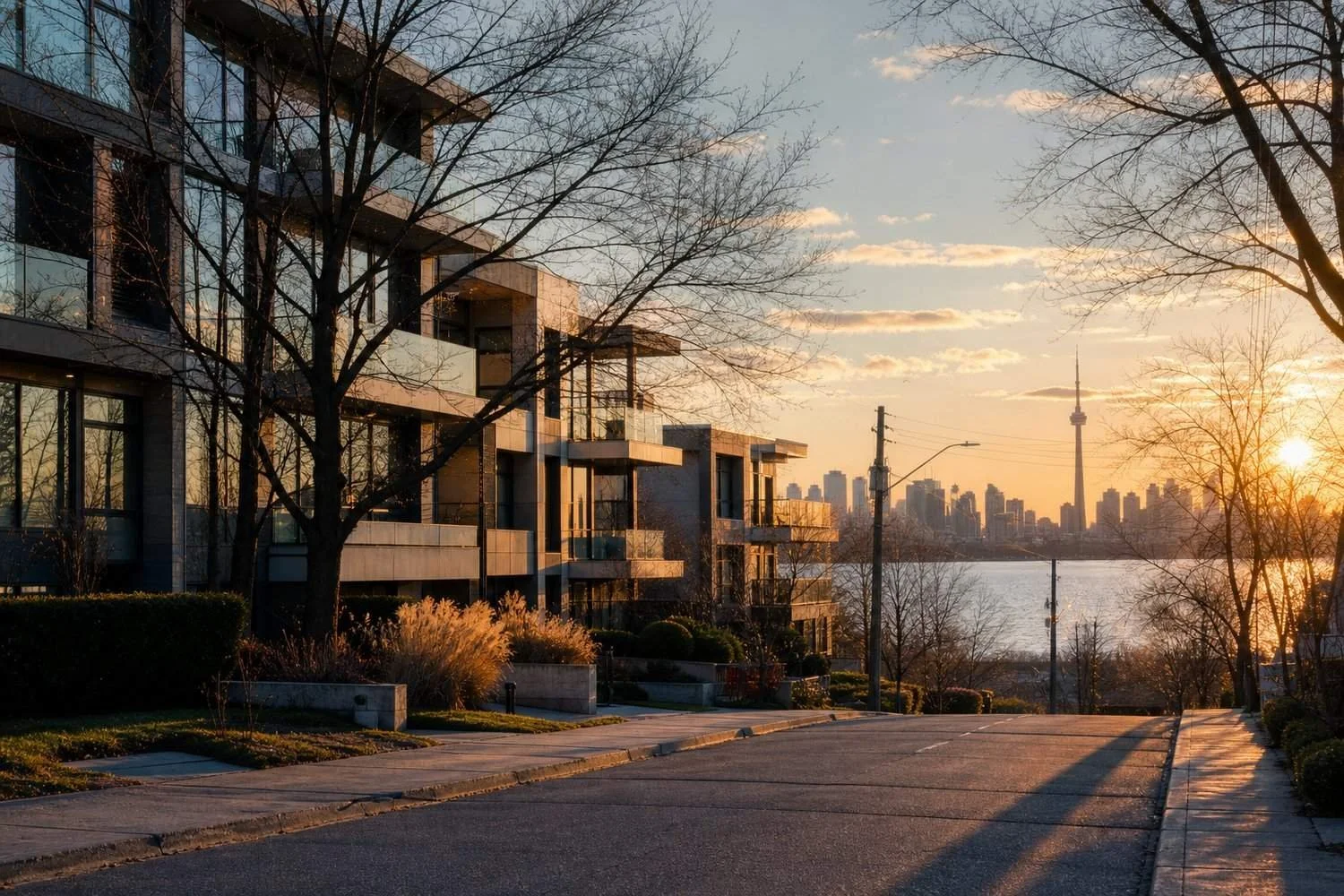 Toronto condo buildings at sunset with the CN Tower in the distance, for condo sellers deciding to list now or wait
