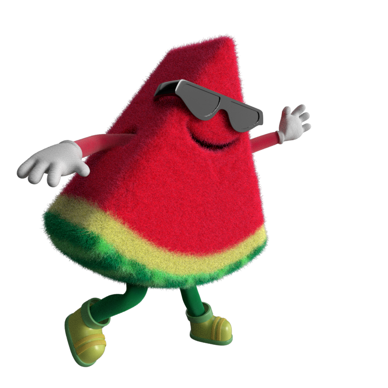 Animated watermelon character wearing sunglasses, with arms outstretched and one foot lifted, set against a black background.