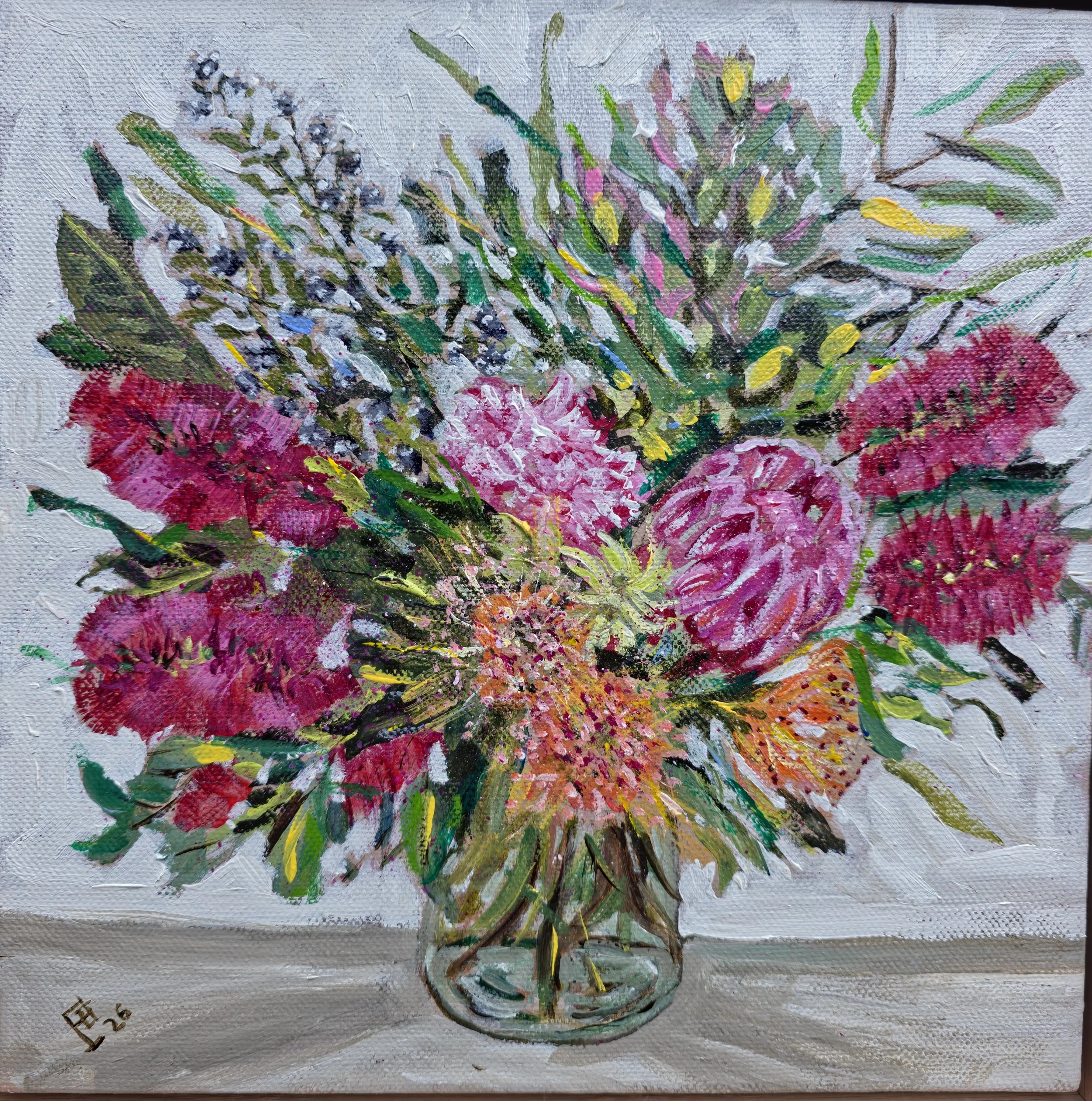 A colorful abstract painting of a potted plant with pink, green, yellow, and white colors, created with thick brushstrokes and textured canvas.