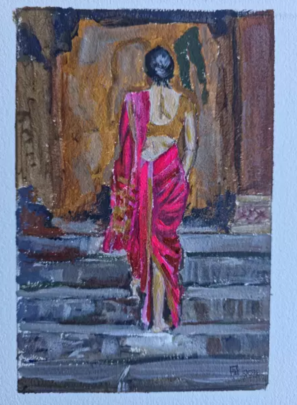 Painting of an Indian woman in a traditional pink sari walking up stairs towards a doorway