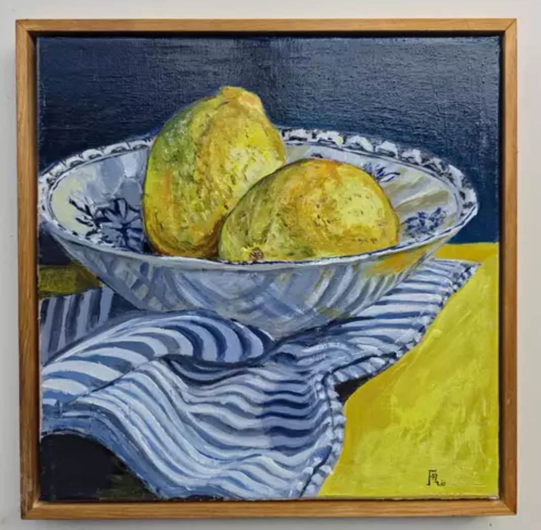 A still life painting of two lemons in a blue and white patterned bowl on a striped blue and white cloth, with a yellow cloth underneath. The painting has an impressionist style with bold brushstrokes.