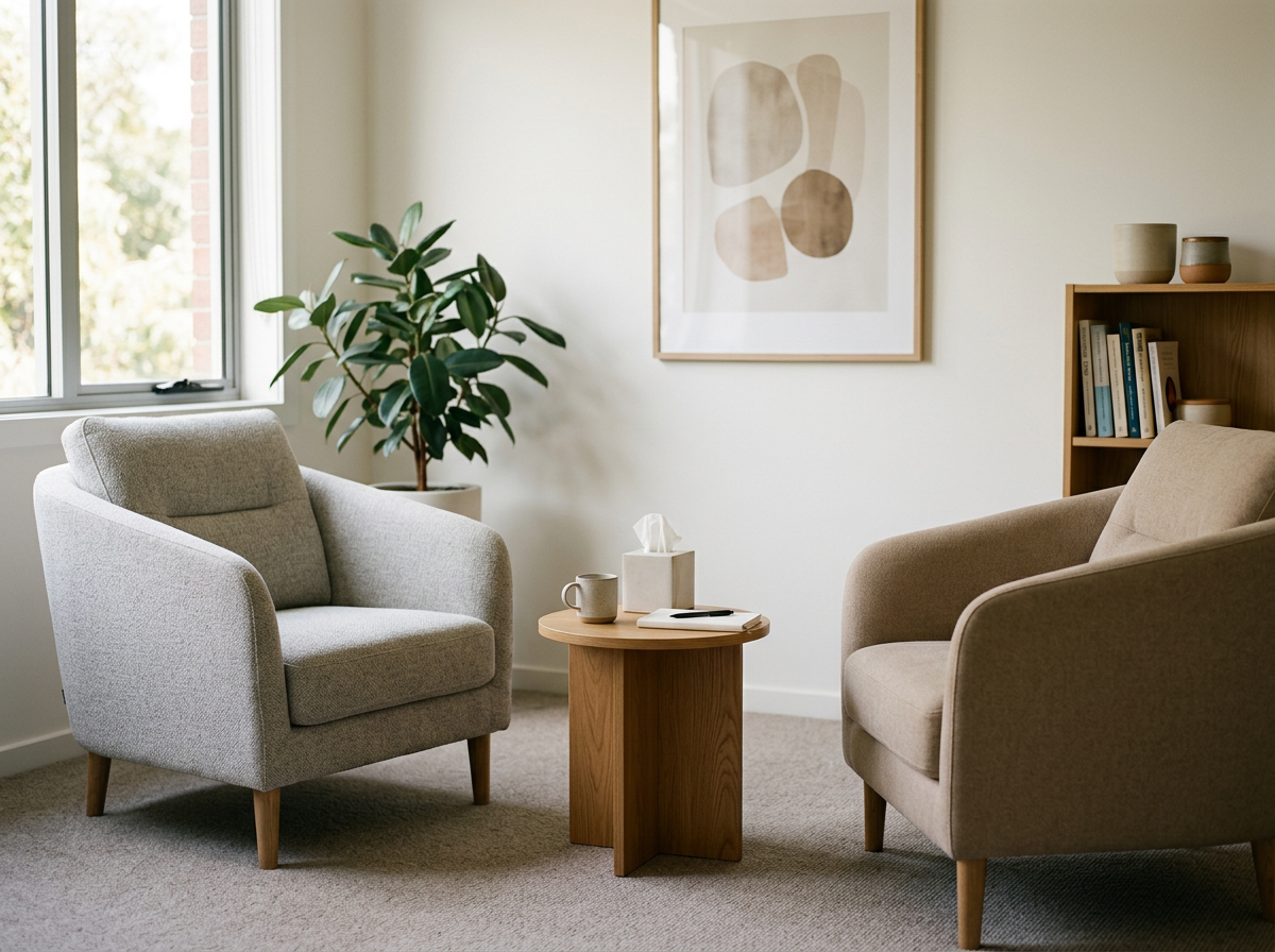 A cozy therapy room with two beige armchairs facing each other, a small round wooden coffee table in between with a tissue box, a mug, and a notebook | Human Bean | Therapy Space for you to be Human 