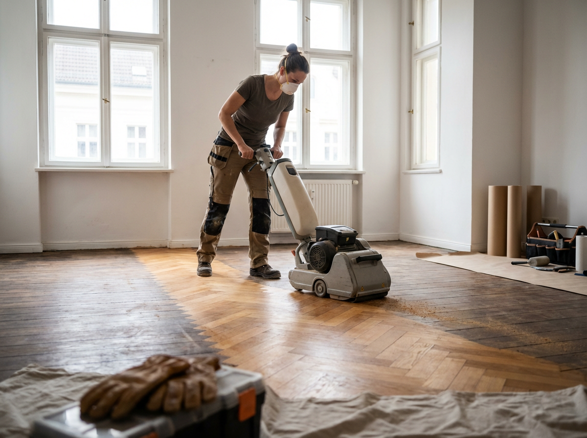 A woman wearing a face mask and work clothes operates a floor sanding machine in an empty room with large windows, preparing to sand the wooden floor.