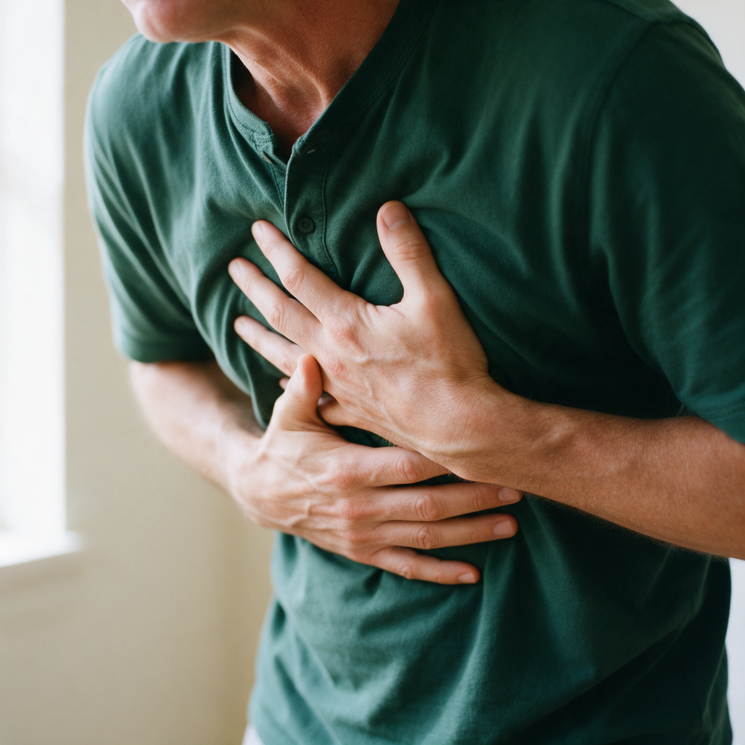 Man holding his chest, an early warning sign of heart disease
