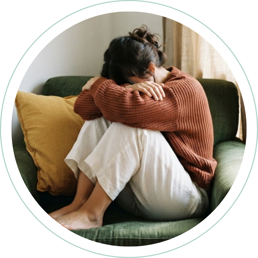 A woman sitting on a green couch, hugging her knees to her chest with her head down and arms over her head, appearing upset or sad.