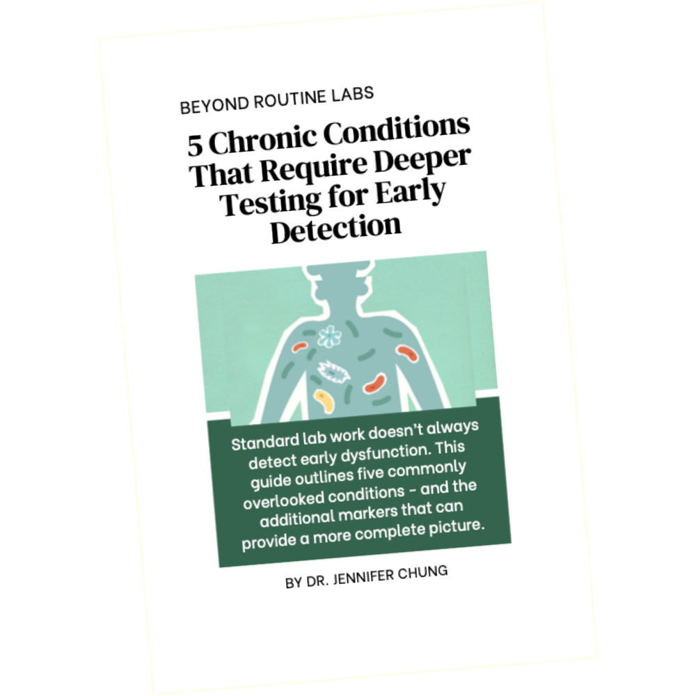 Cover page of a guide titled "5 Chronic Conditions That Require Deeper Testing for Early Detection" by Dr. Jennifer Chung, published by Beyond Routine Labs, featuring an illustration of a human torso with colored markers indicating various health conditions.