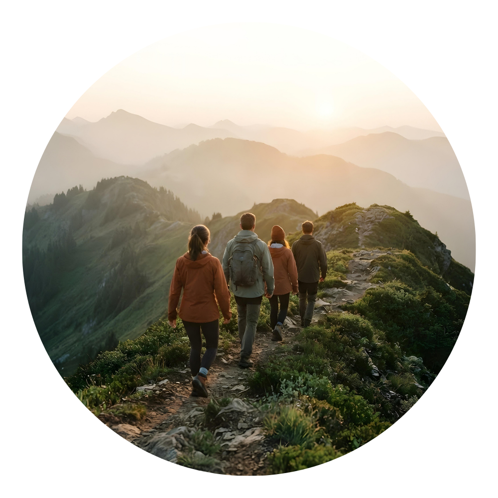 Four hikers walking on a mountain trail during sunrise with scenic mountain ranges in the background.